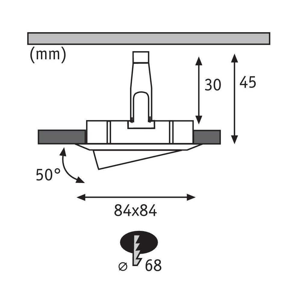 Ein Diagramm einer Deckenleuchte mit Maßen und Winkeln.
