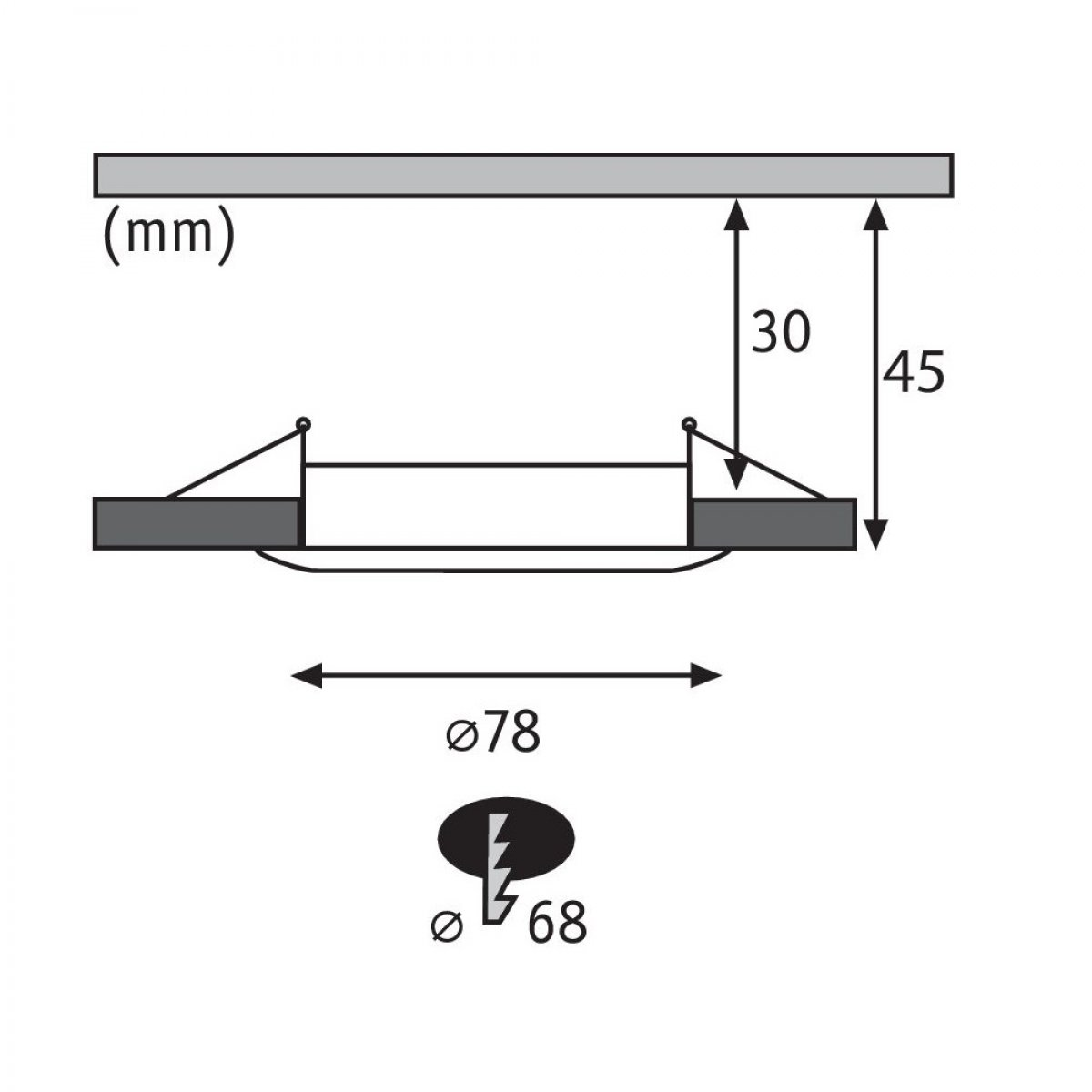 Diagramm mit Abmessungen einer Einbauleuchte, das Maße und Form zeigt.
