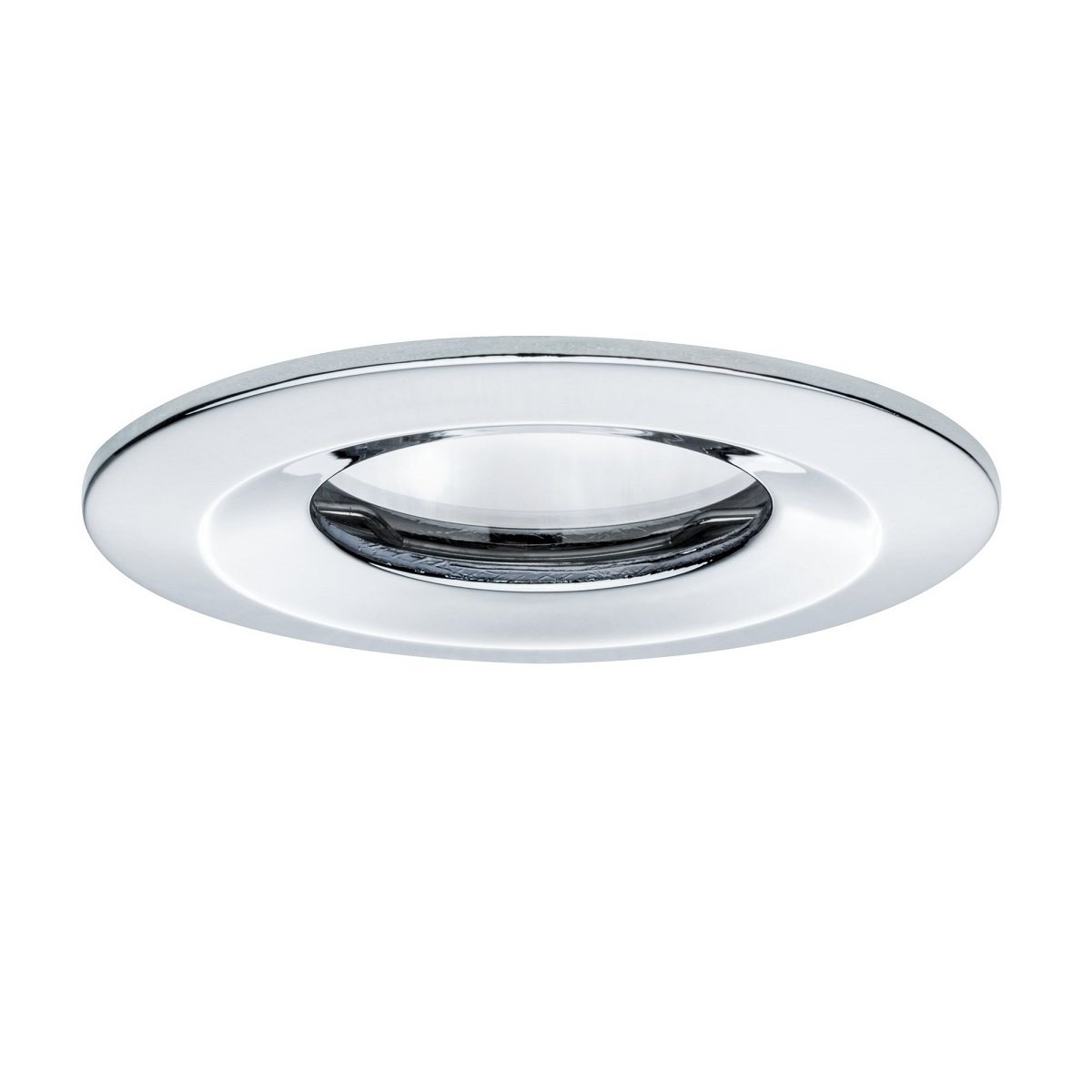 Apparecchio di illuminazione a incasso rotondo cromato su sfondo bianco.