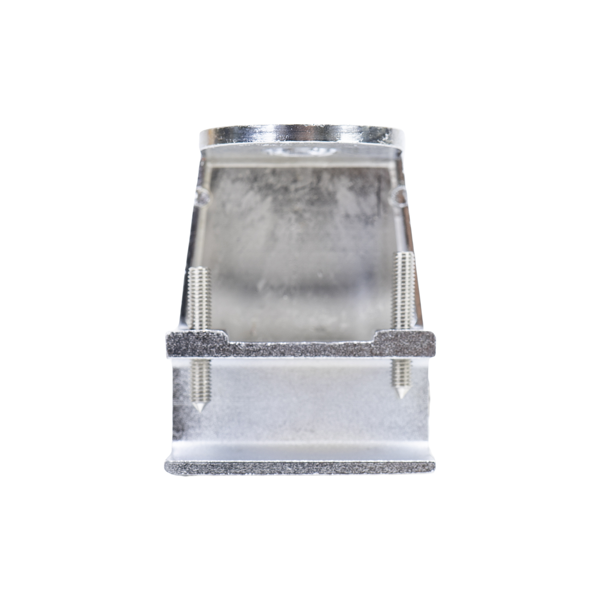 Metallhalterung mit zwei Schrauben, von der Seite betrachtet. Silber-Finish vor weißem Hintergrund.