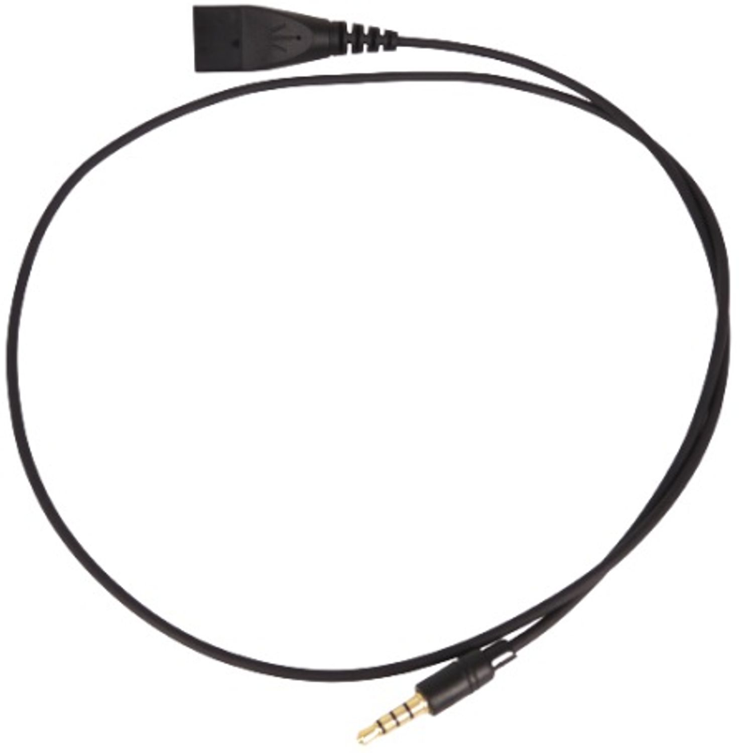 Schwarzes USB-zu-3,5-mm-Audiokabel, kreisförmig, vor weißem Hintergrund.