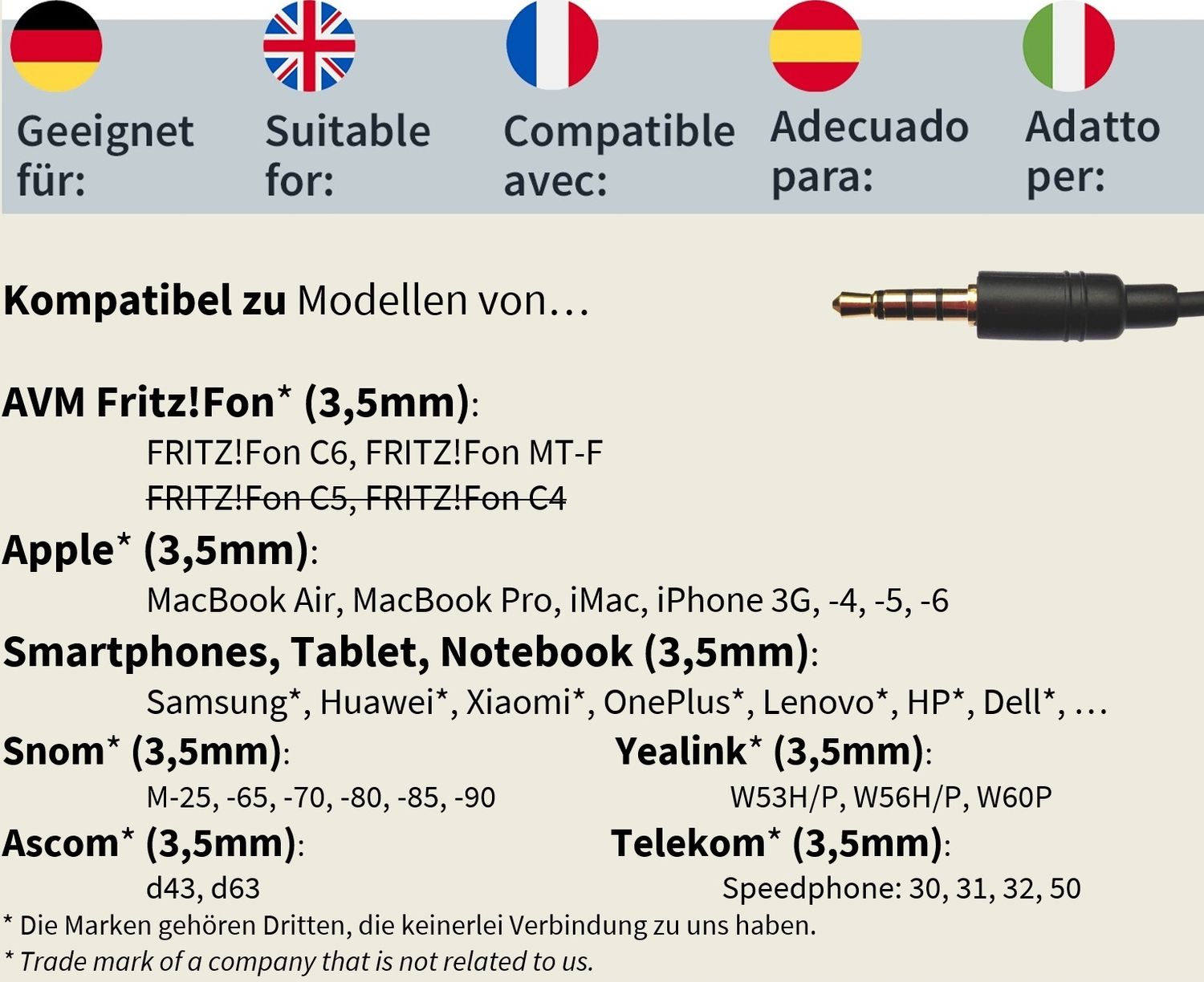 Bild mit Kompatibilitätsangaben für verschiedene Geräte, darunter AVM Fritz!Fon, Apple, Smartphones und andere.