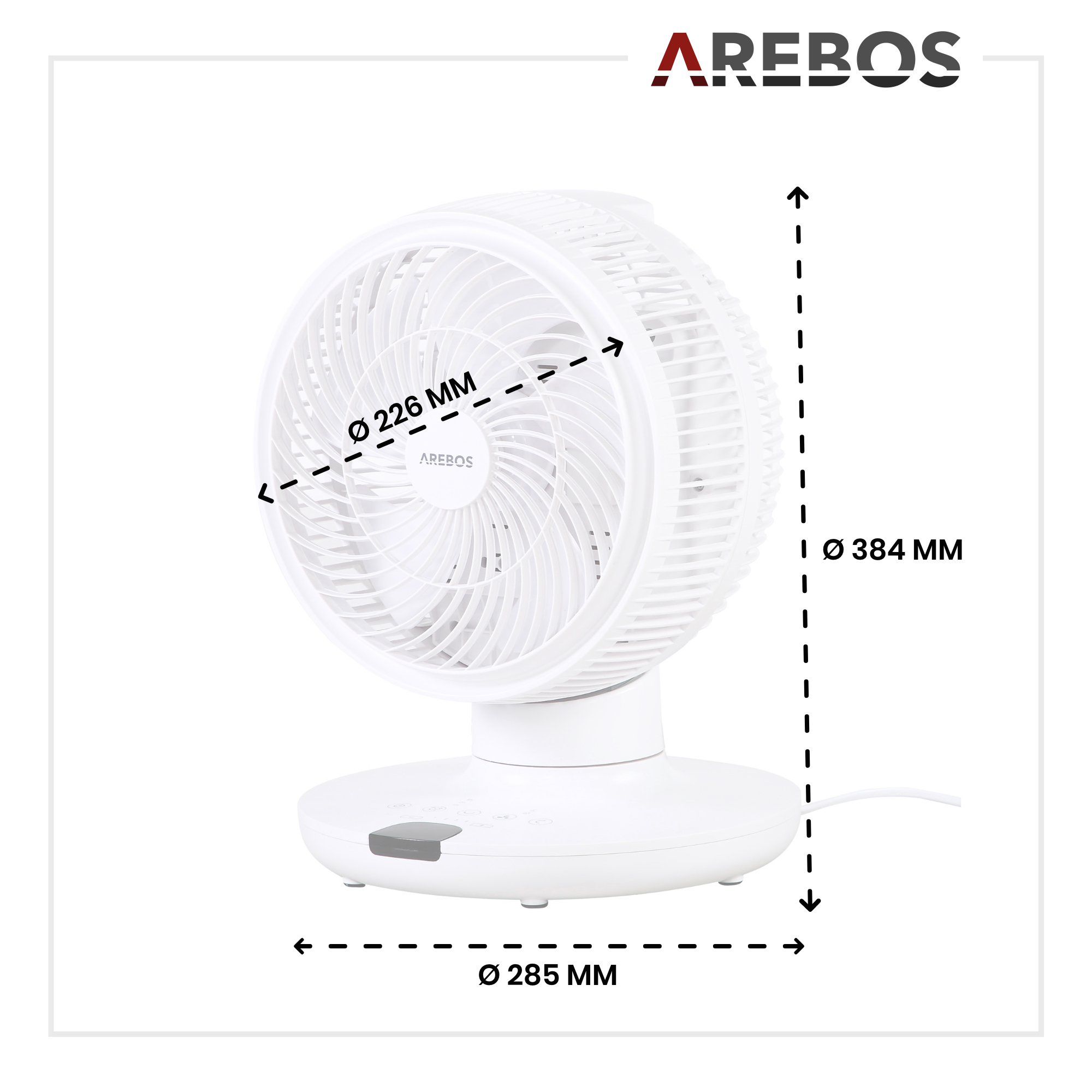 Weißer Arebos-Ventilator mit Maßen auf weißem Untergrund.