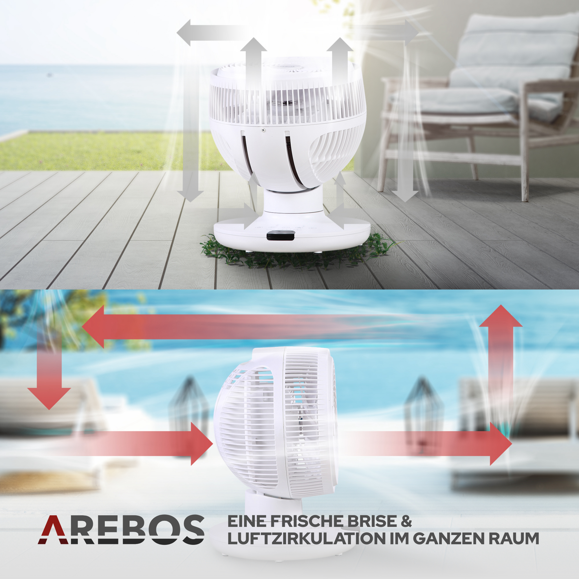 Weißer Ventilator mit Pfeilen, die den Luftstrom anzeigen. Text: Eine frische Brise & Luftzirkulation...