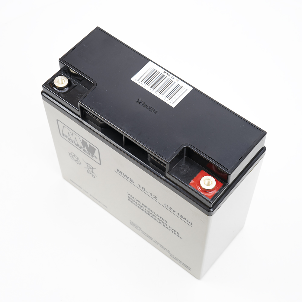 Rechteckige Batterie mit schwarzem Deckel und Etikett. Die Batterie ist grau und hat rote und schwarze Anschlüsse.