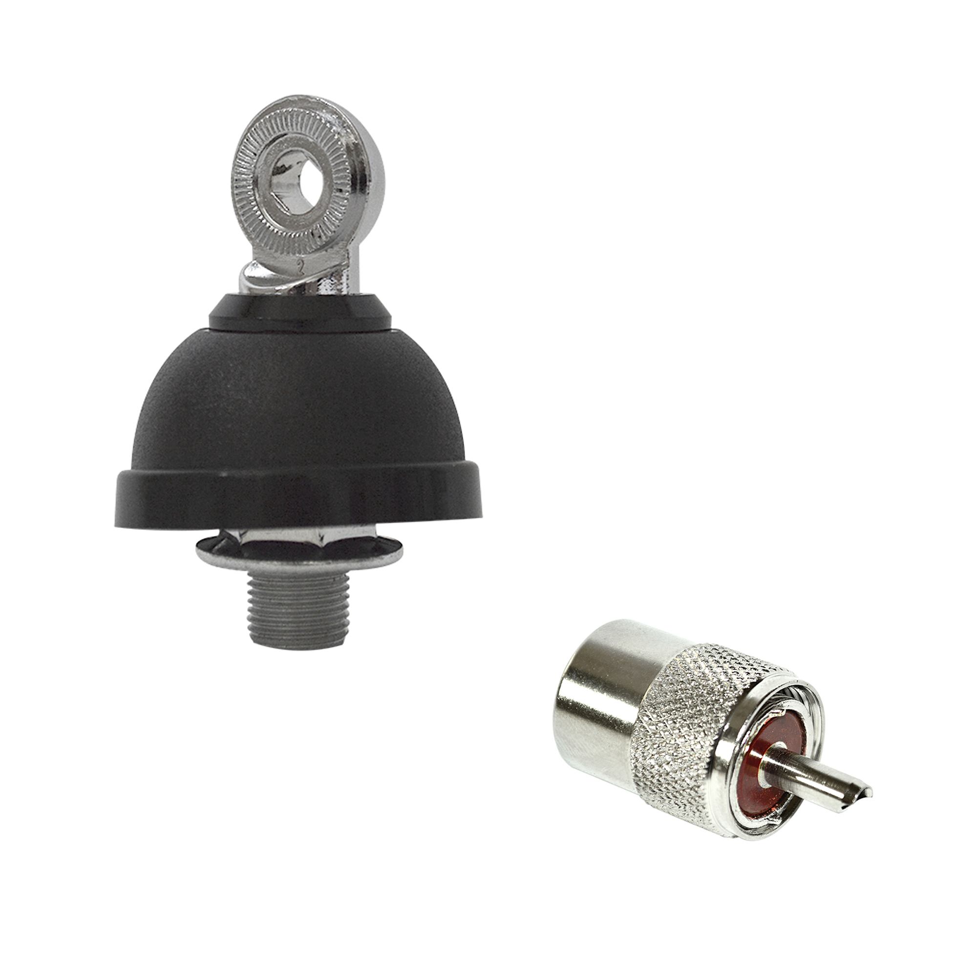 Zwei schwarze Cinch-Anschlüsse, einer eine Buchse, der andere ein Stecker.