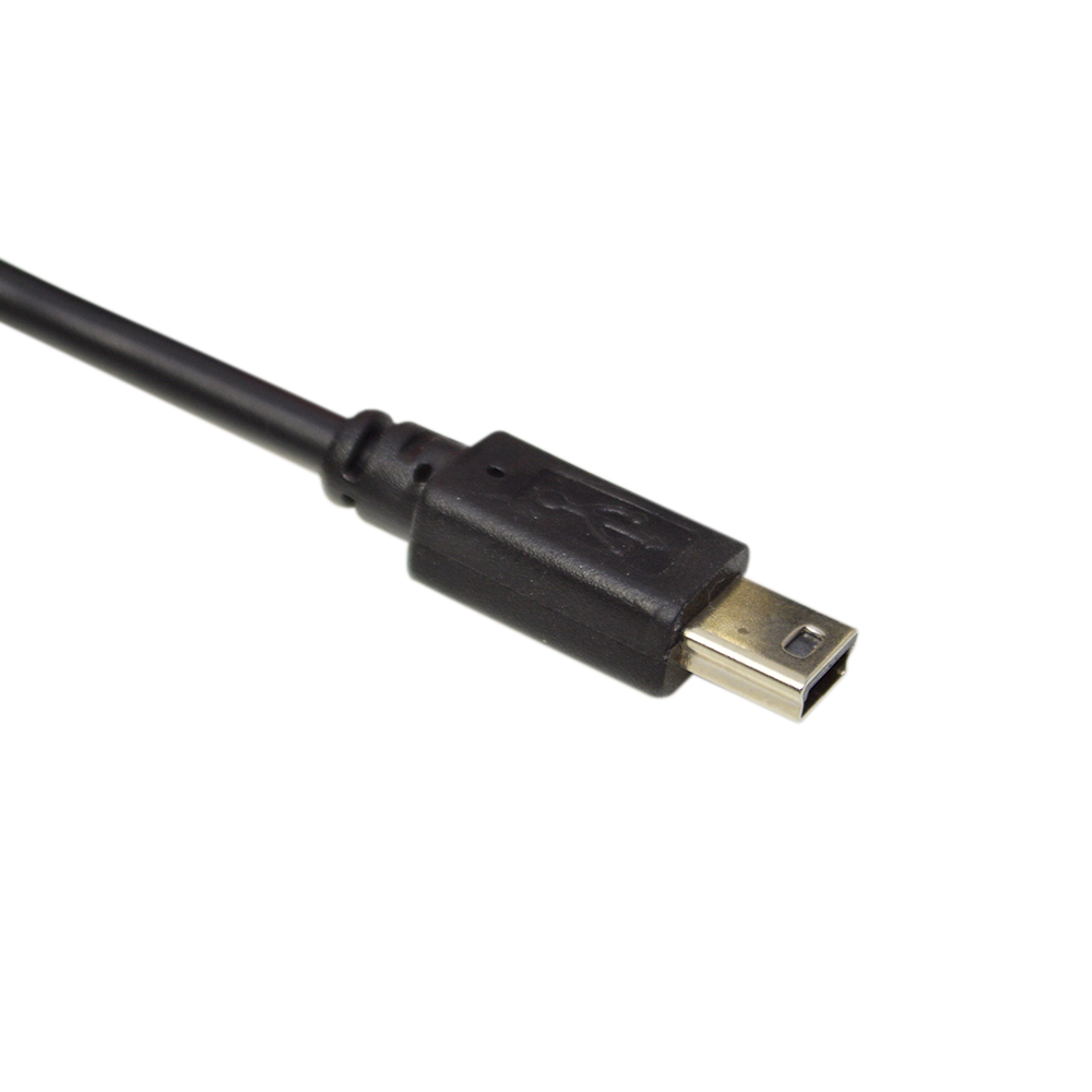 Nahaufnahme eines schwarzen USB-Kabels mit Mini-USB-Anschluss auf weißem Hintergrund.
