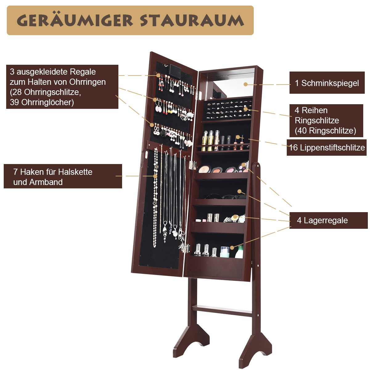 Holzschmuckschrank mit Spiegel, Regalen, Ohrring-, Halsketten- und Ringspeichern.