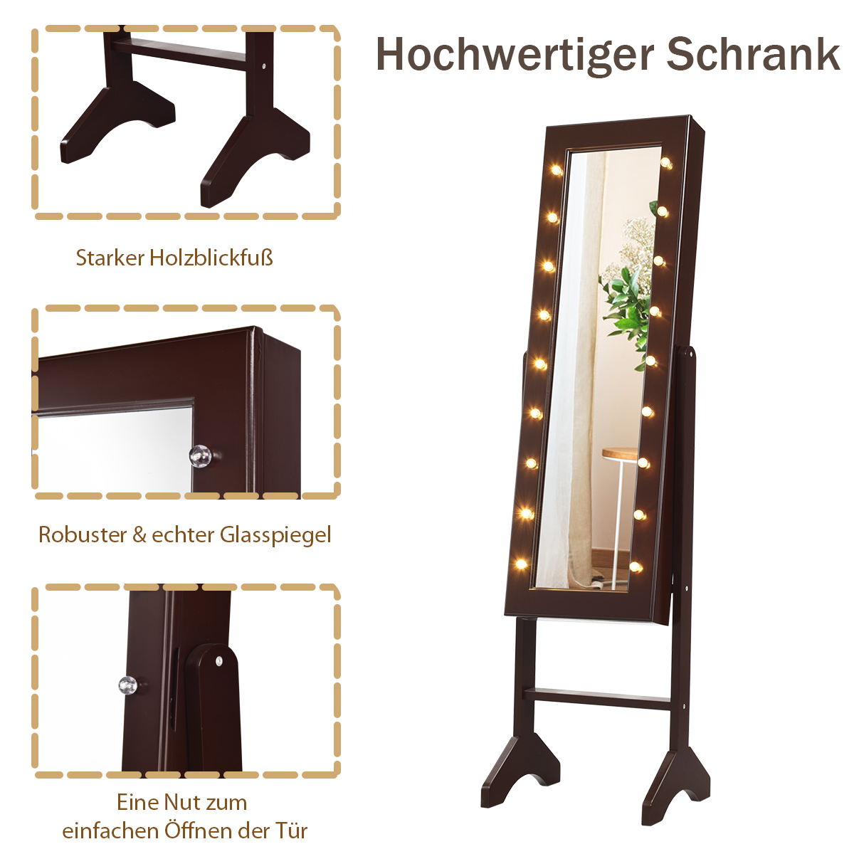 Hoher brauner Spiegel mit Lichtern. Details umfassen Holzbeine, Spiegel und Textfelder. Weißer Hintergrund.