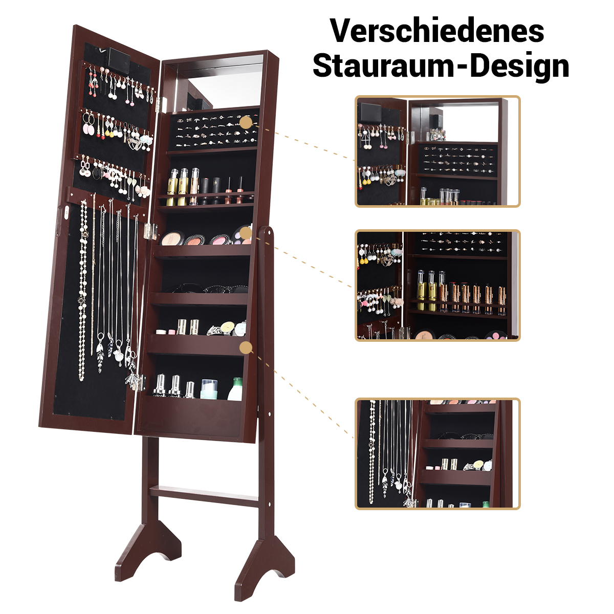 Eine dunkle Holz-Schmucktruhe mit offenen Türen, die Schmuck und Spiegel zeigt.