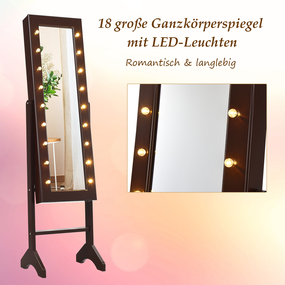 Ganzkörperspiegel mit Lichtern. Text: '18 große Ganzkörperspiegel mit LED-Leuchten'. Brauner Holzrahmen.