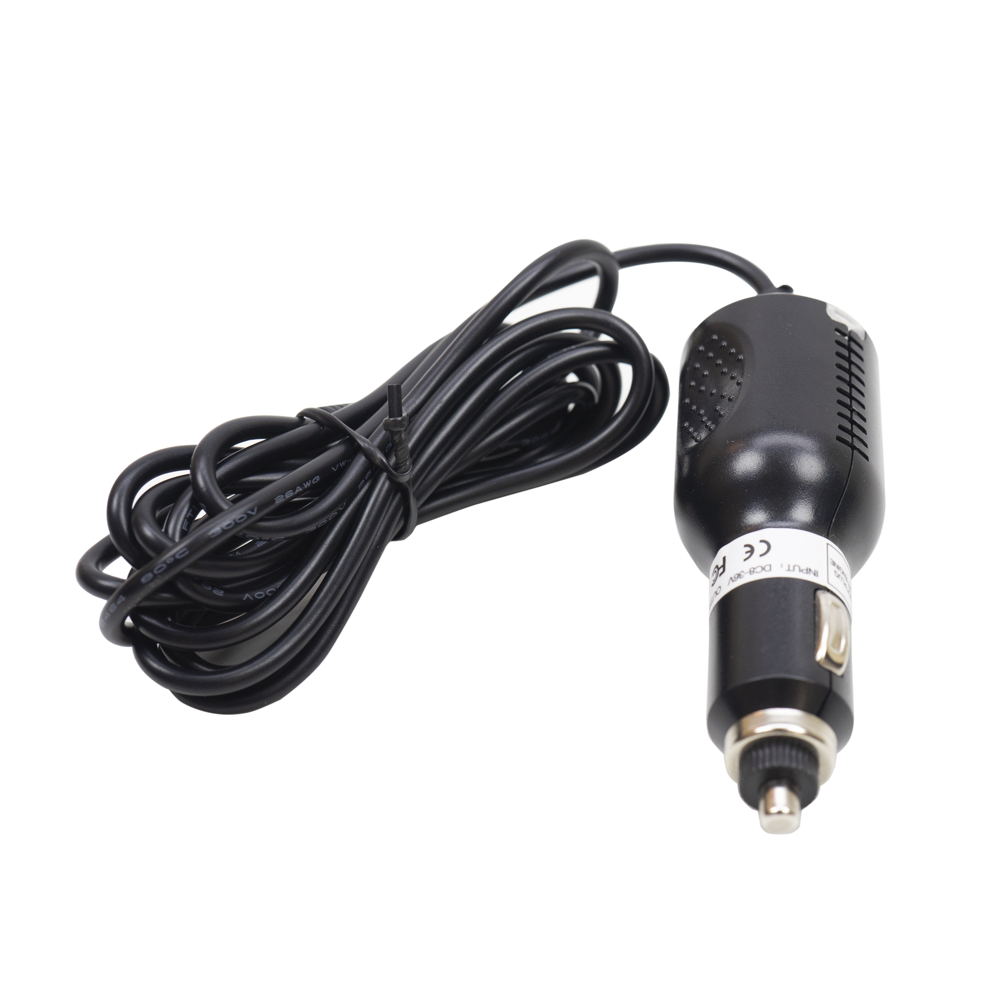 Schwarzes Autoladegerät mit gewickeltem Kabel. Weißer Hintergrund.