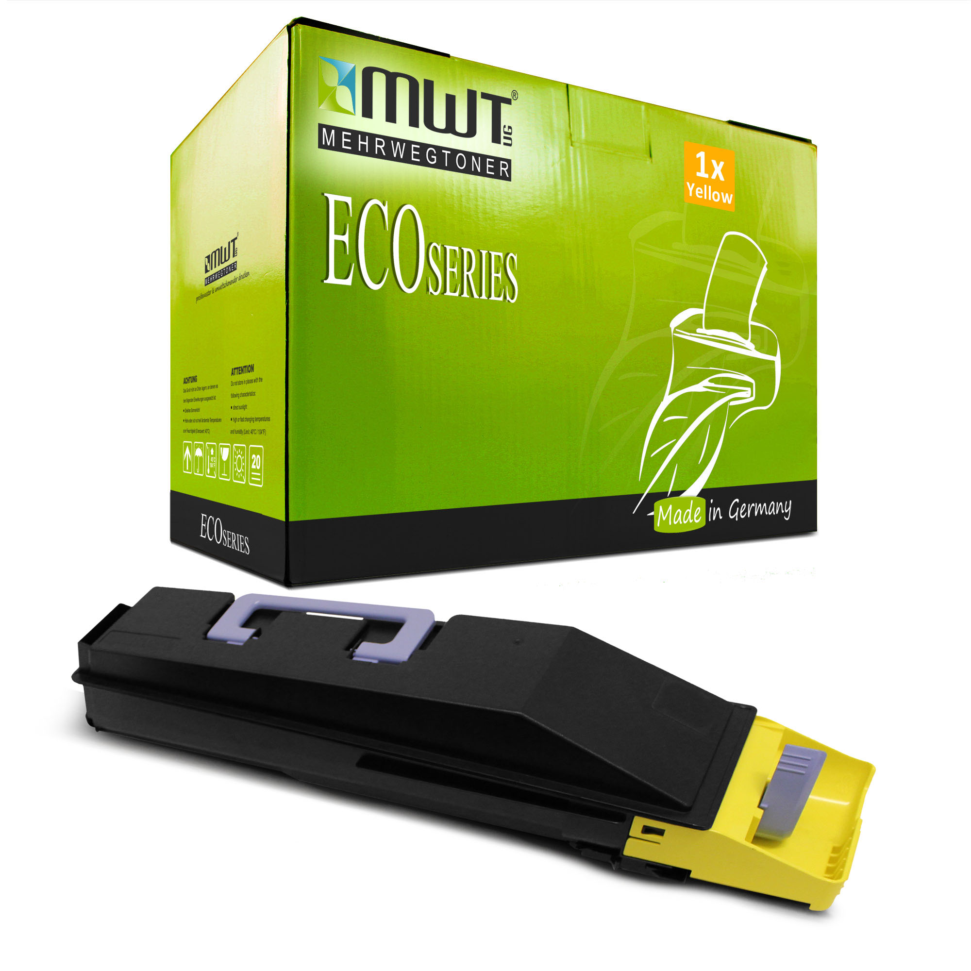 Eine gelb-schwarze Tonerkartuschenbox mit 'ECOSERIES'-Branding und 'Made in Germany'.