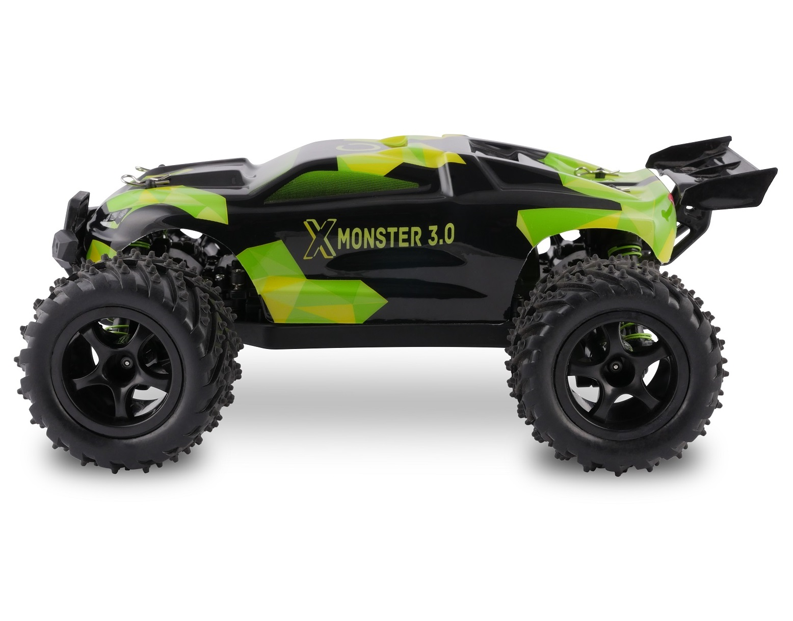 Ein grün-schwarzer ferngesteuerter Monstertruck mit großen Reifen.