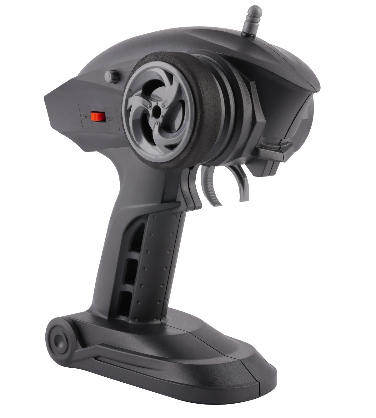 Schwarze Fernbedienung. Hat ein Rad, einen Ein/Aus-Schalter und einen Griff. Das Gerät ist für RC-Autos oder ähnliches Spielzeug.