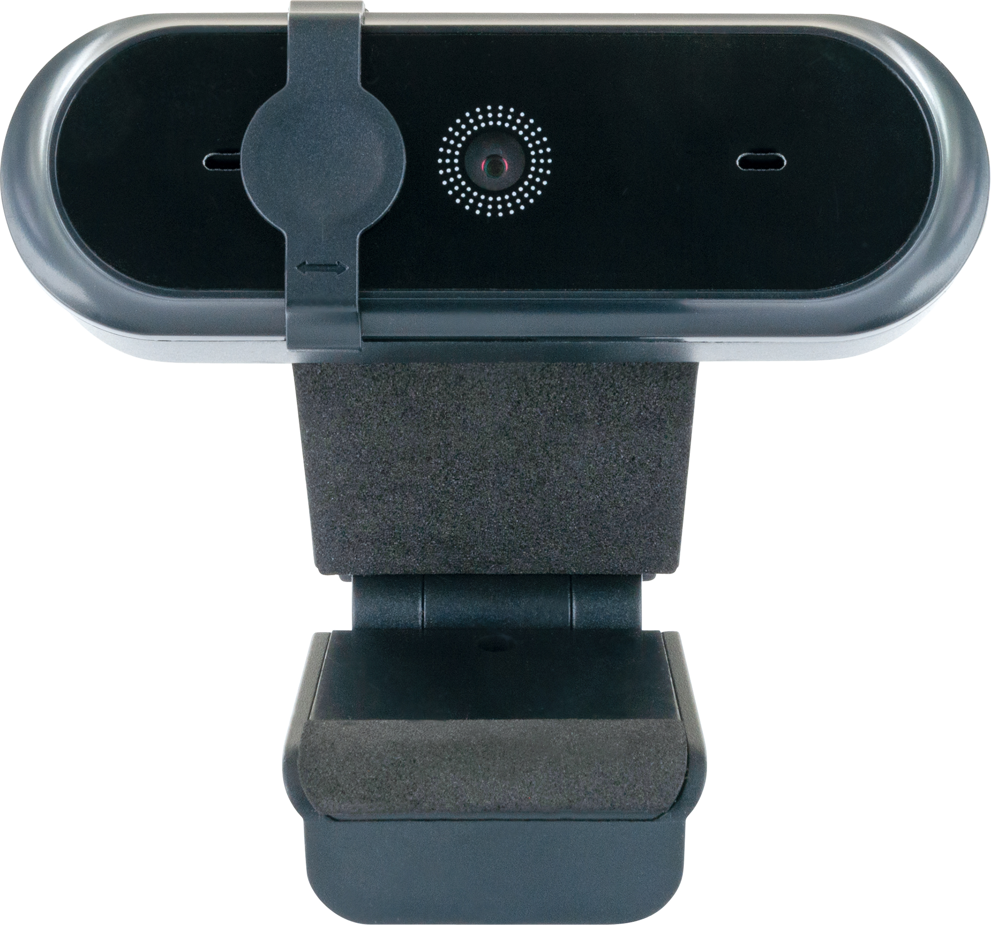 Eine schwarze Webcam mit zentralem Objektiv, dunkelgrauer Halterung und Schaumstoffständer.
