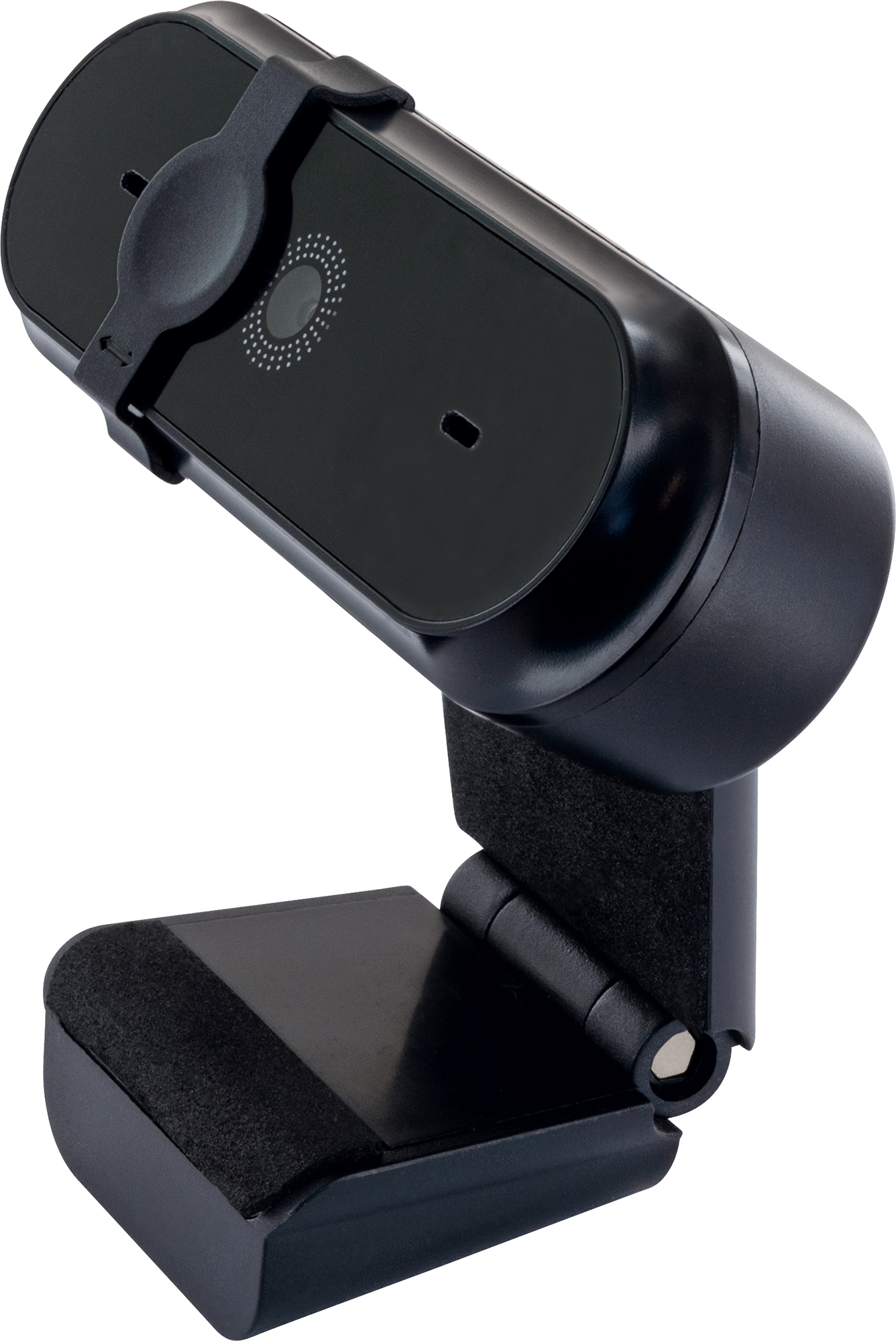 Schwarze Webcam mit verstellbarem Ständer. Die Linse ist nach oben gerichtet.