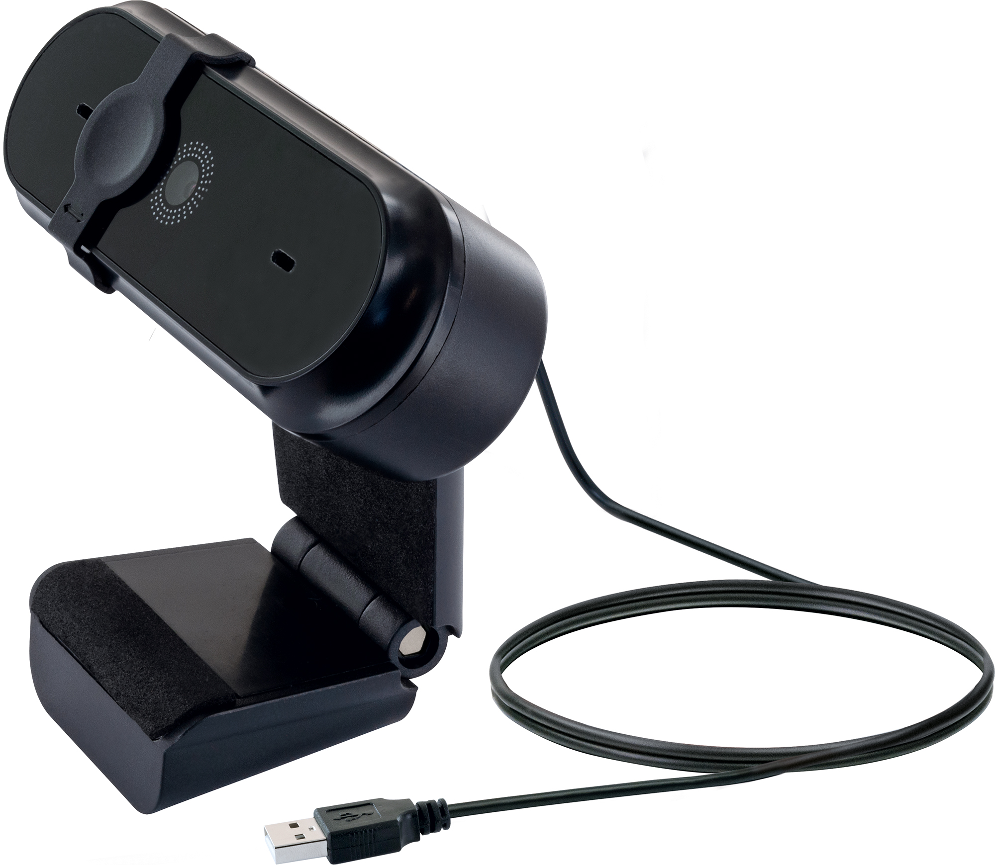 Eine schwarze Webcam auf einem Ständer mit USB-Kabel, auf weißem Hintergrund.