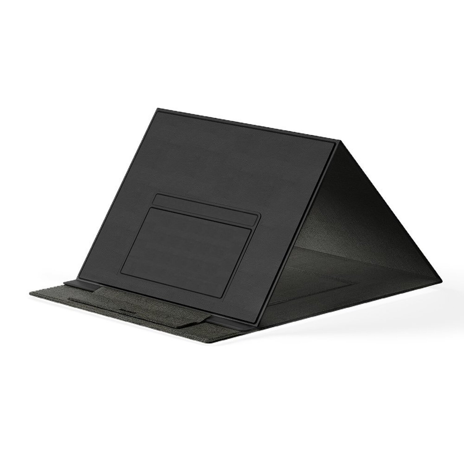 Schwarzer, faltbarer Tablet-Ständer in geöffneter, abgewinkelter Position.