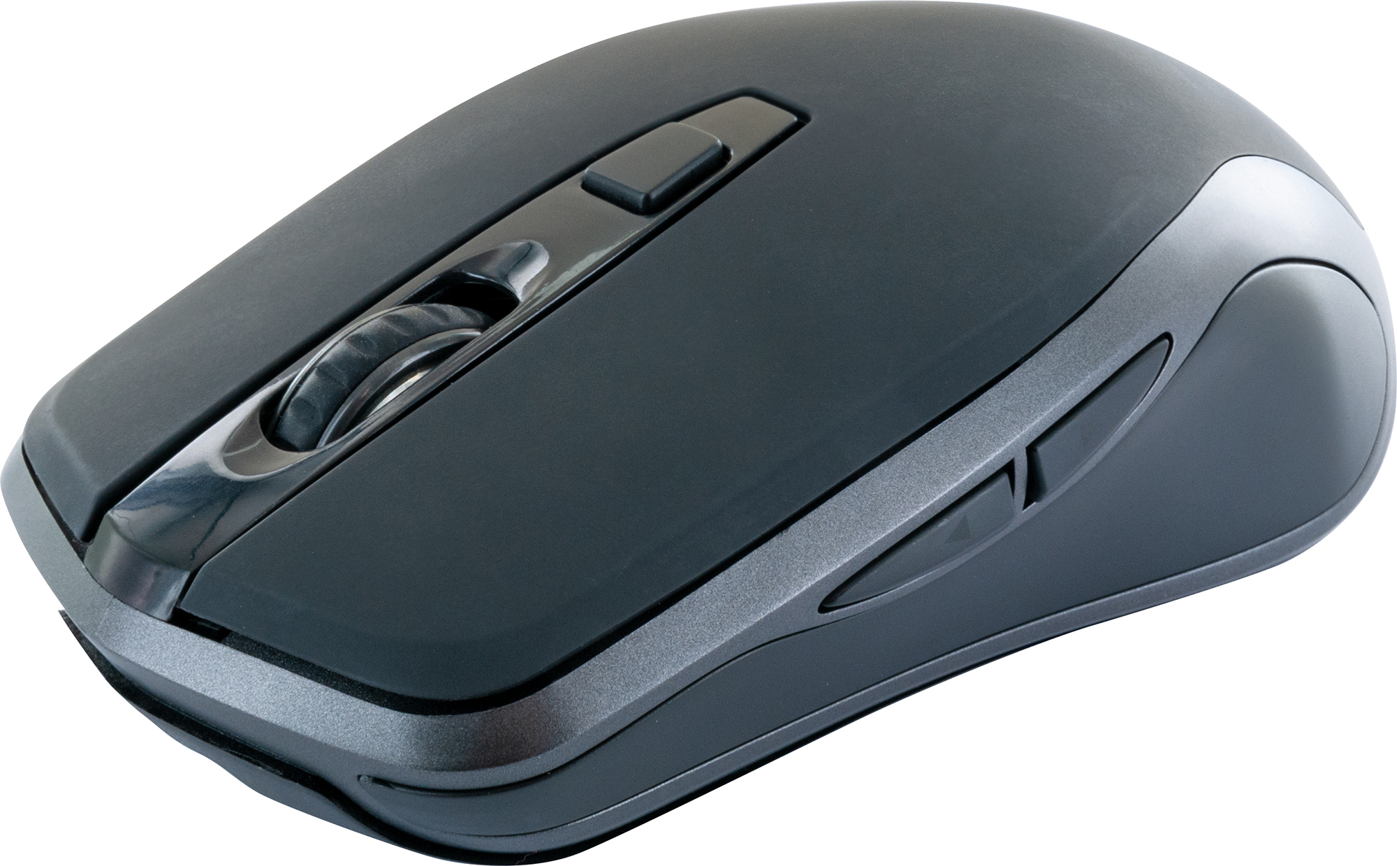 Dunkelgraue kabellose Maus mit Tasten und Scrollrad, freigestellt auf weißem Hintergrund.