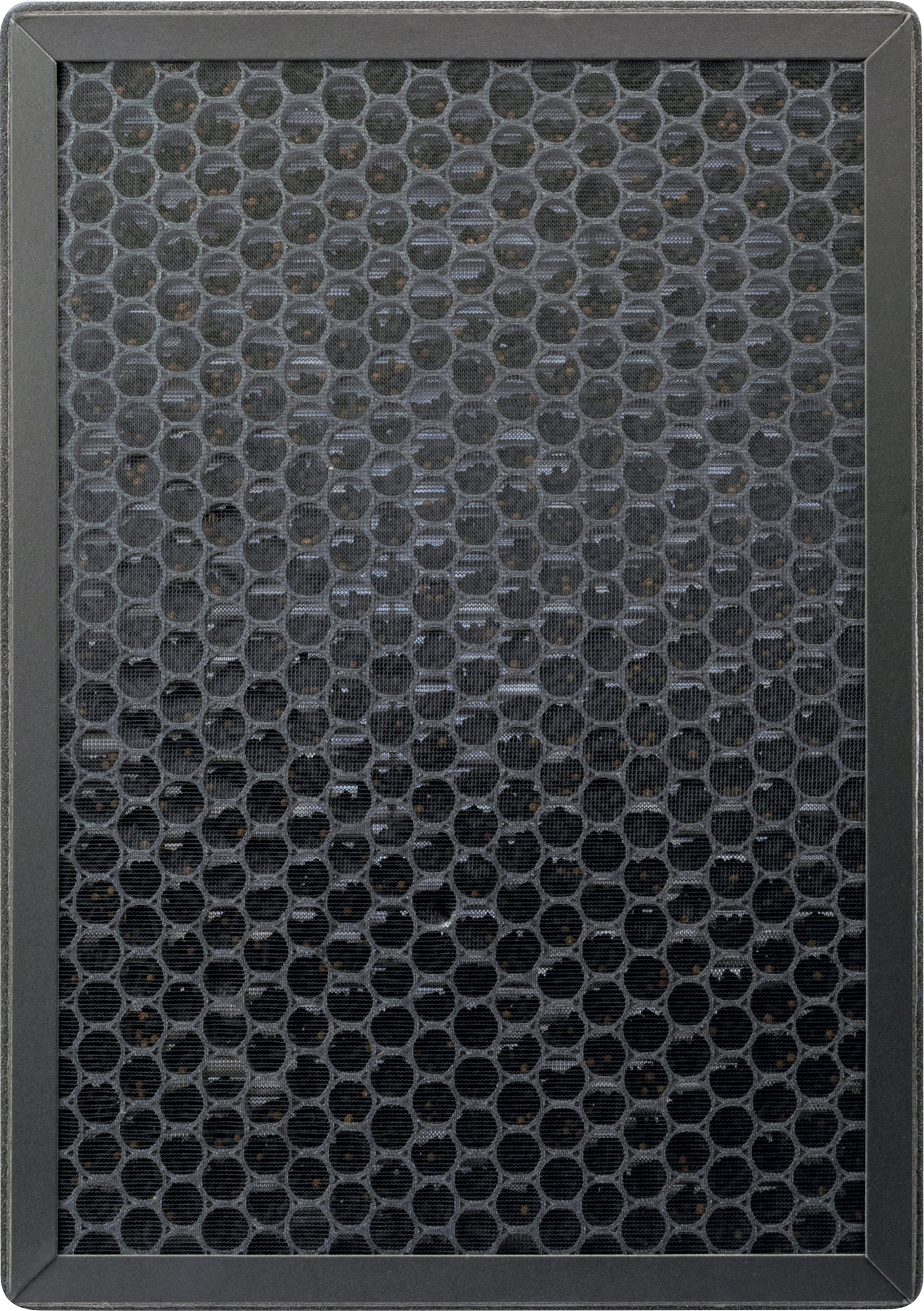 Nahaufnahme eines rechteckigen, schwarzen Luftfilters mit Wabenstruktur.