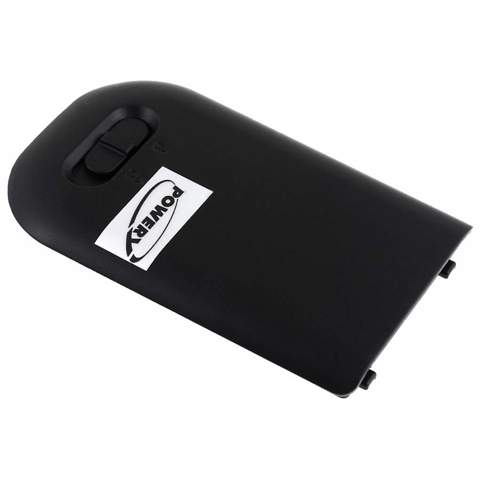 Una funda negra para teléfono con un botón y la palabra POWER, sobre fondo blanco.