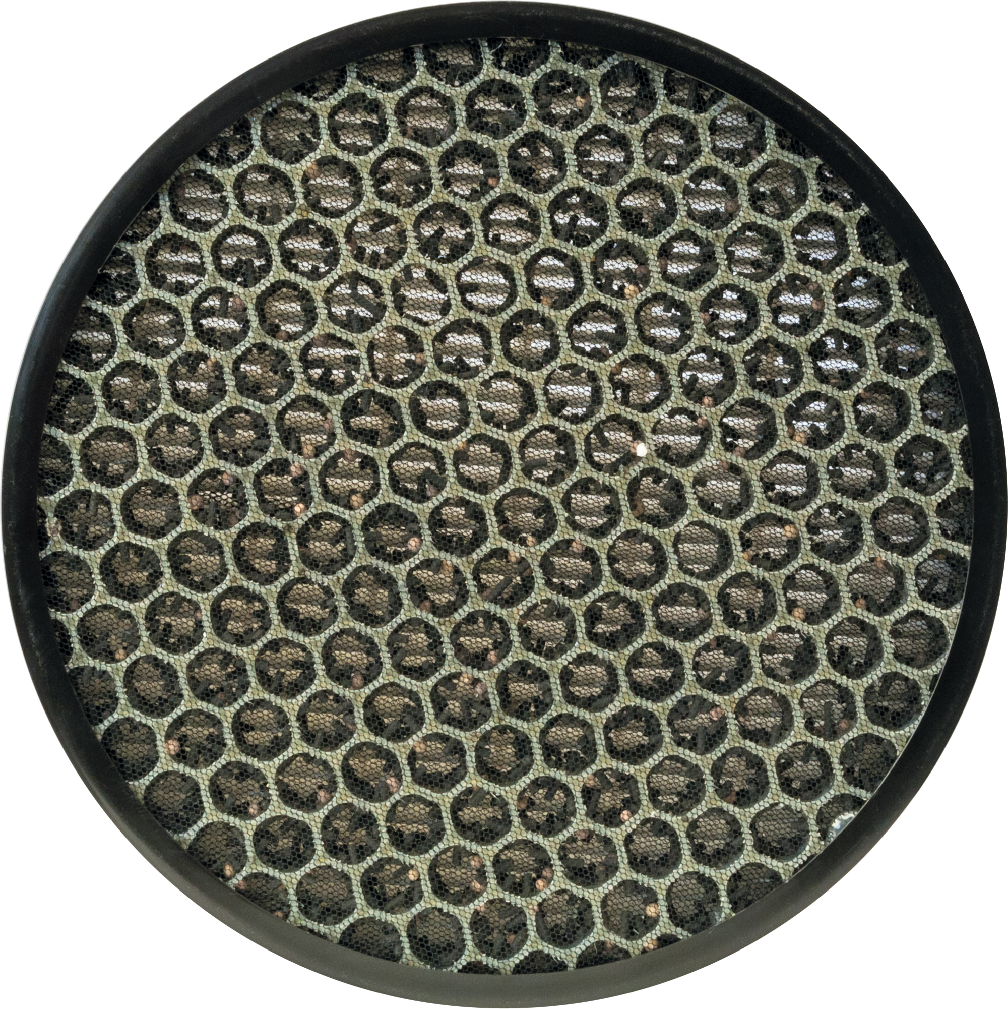 Ein kreisförmiger Luftfilter. Der Filter hat einen schwarzen Rahmen und ein Wabenmuster.