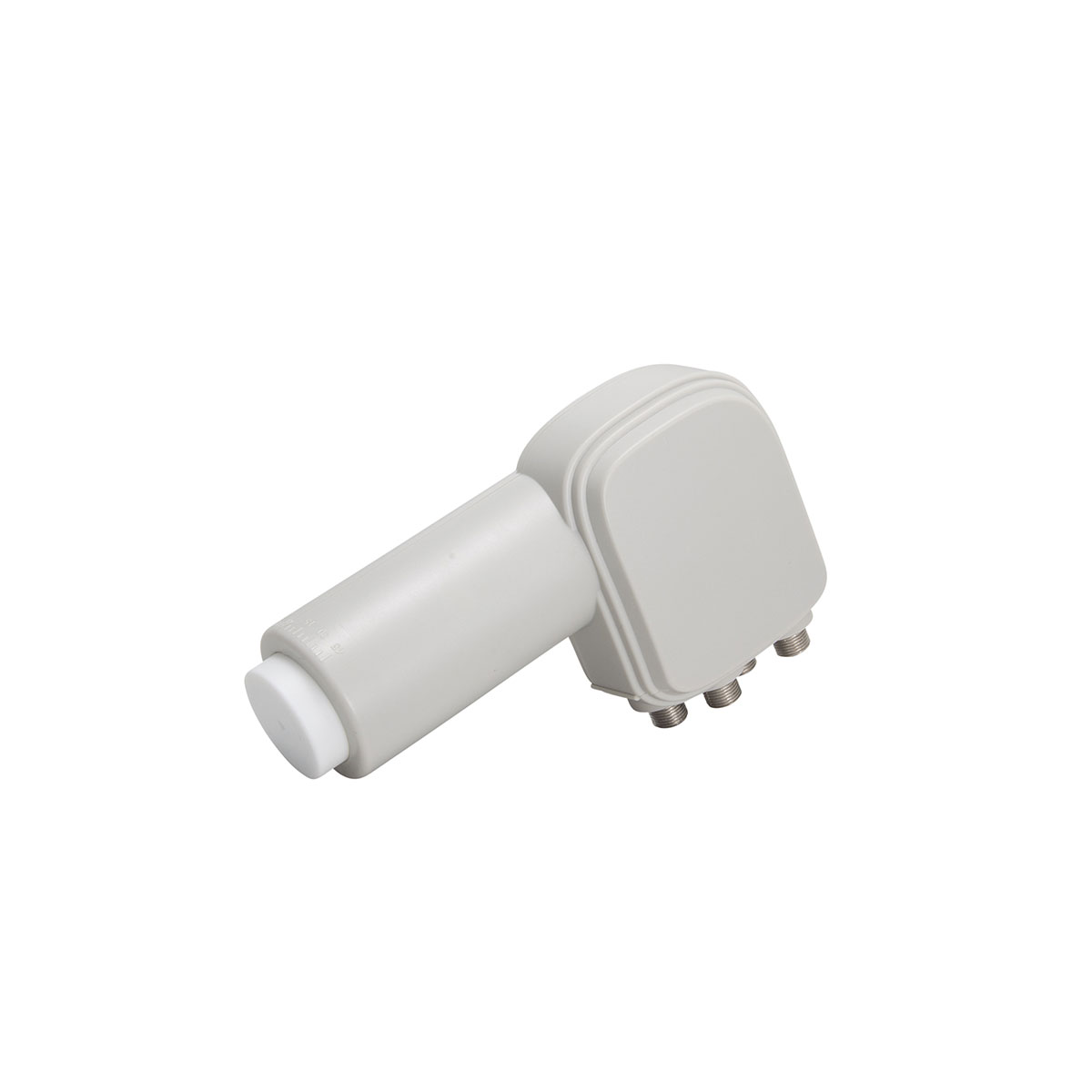 Ein grauer, abgewinkelter Stecker mit mehreren Anschlusspunkten auf weißem Hintergrund, isoliert dargestellt.