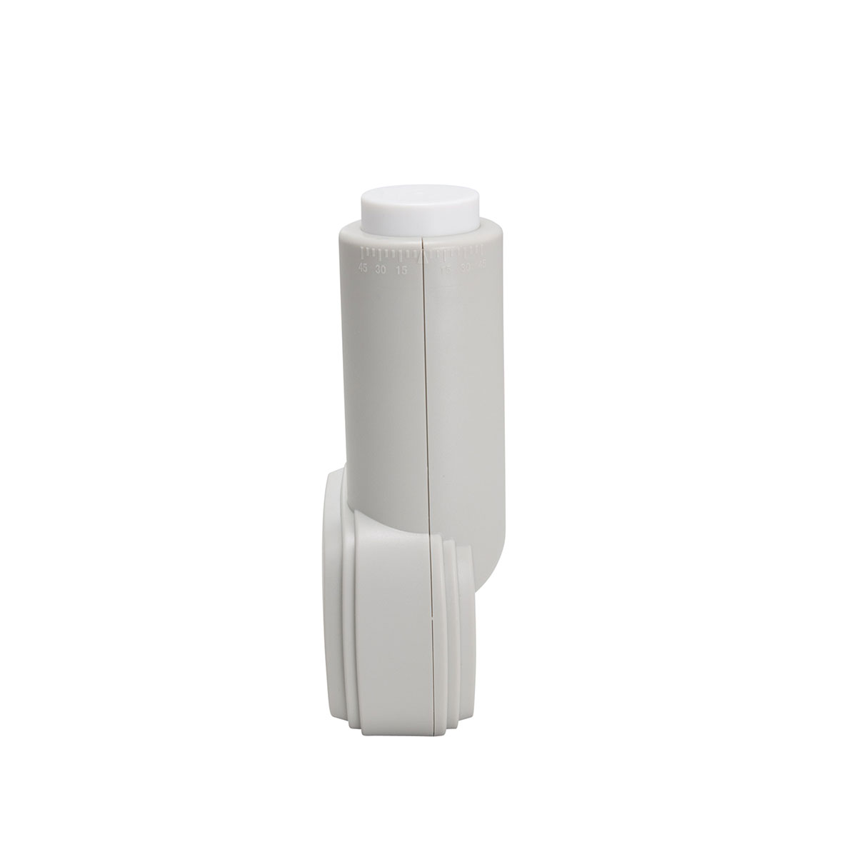 Ein grauer, zylindrischer Sensor mit gebogener Basis und einem nummerierten Zifferblatt. Weißer Hintergrund.