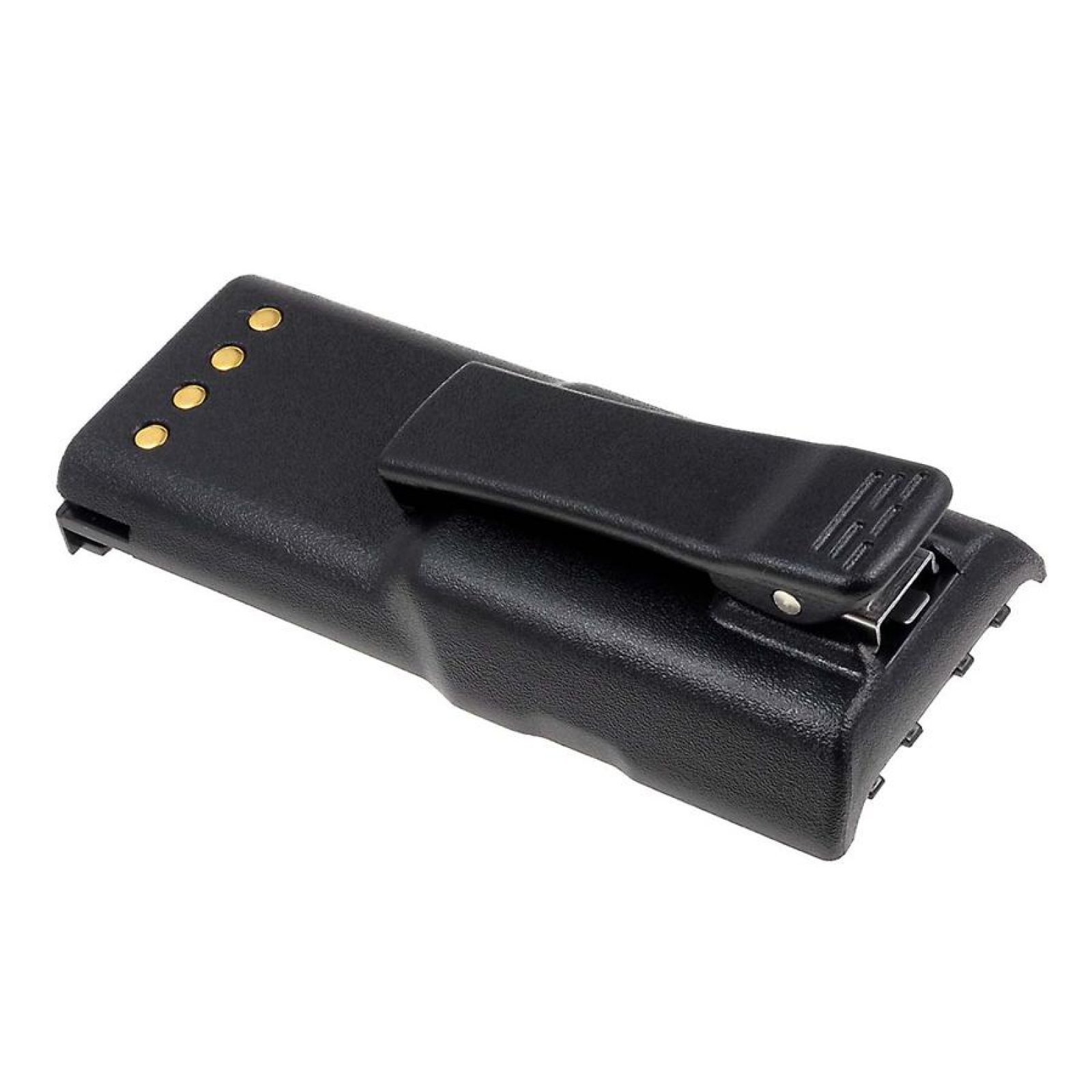 Batería rectangular negra con clip, contactos dorados y superficie texturizada, aislada sobre blanco.