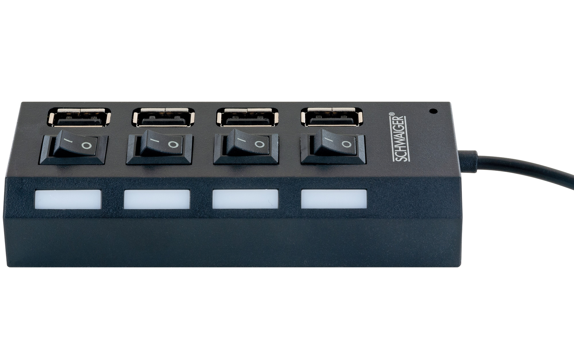 Hub USB nero con quattro porte USB e interruttori. Il marchio è visibile.