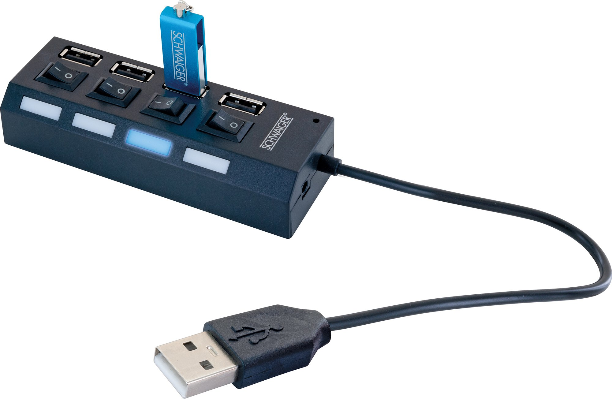 Un hub USB nero con porte USB e una chiavetta USB blu.