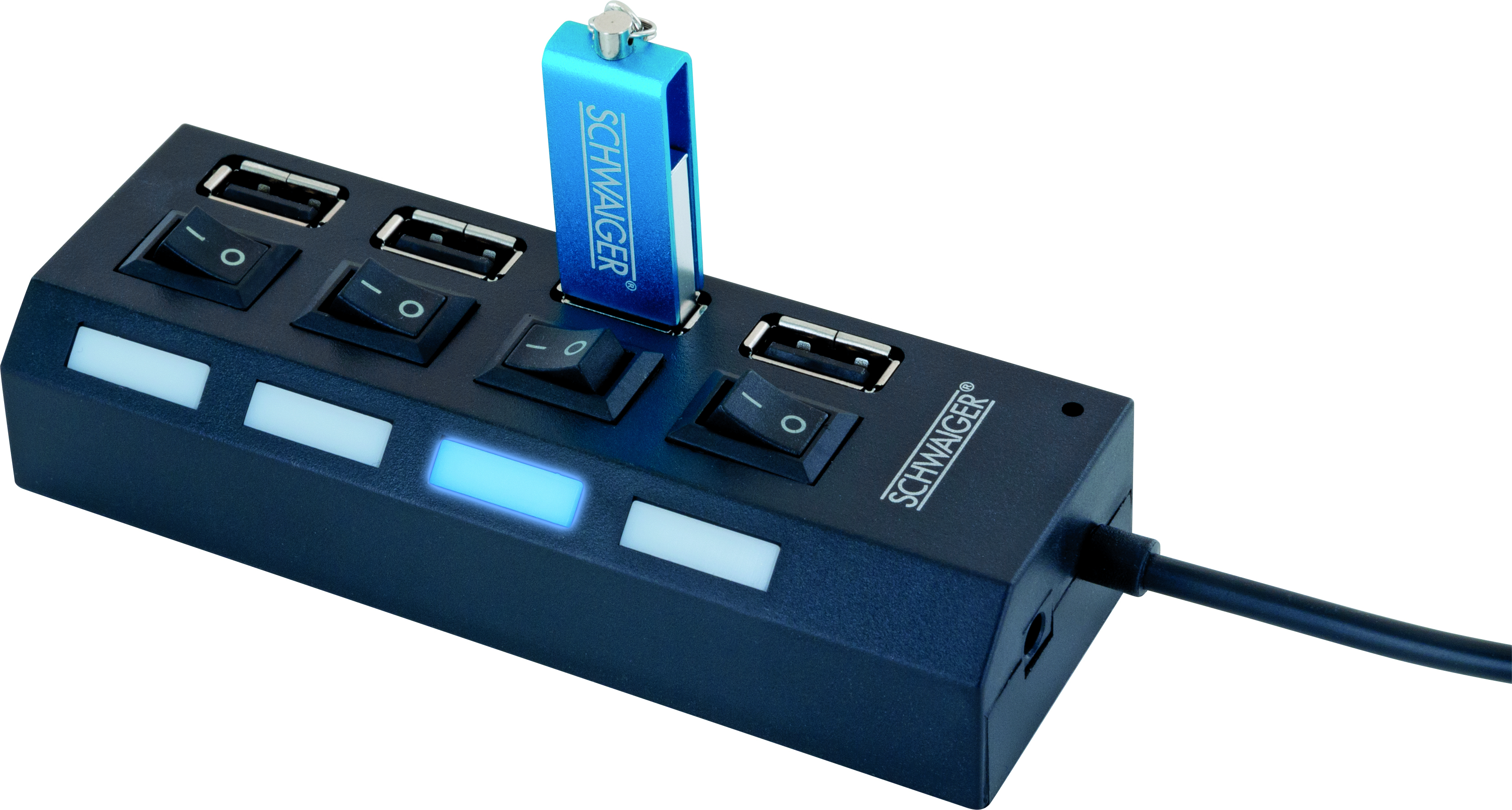 Un hub USB nero con interruttori e luce blu. È inserita una chiavetta USB.