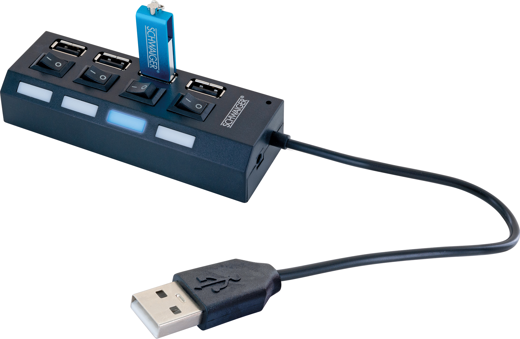 Hub USB nero con porte USB e interruttori, con chiavetta USB inserita.