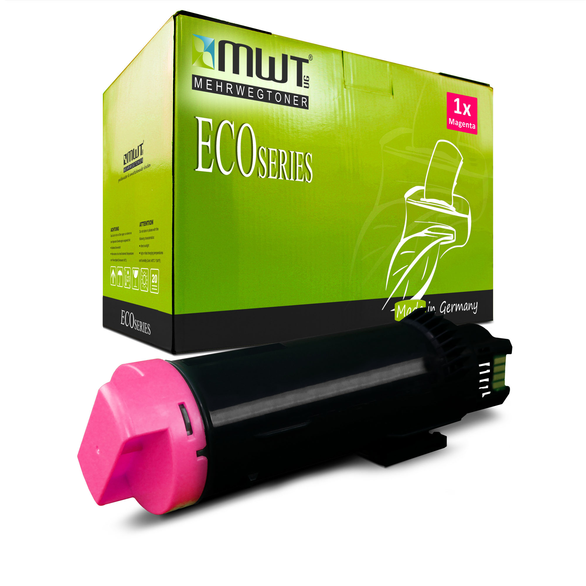Eine magenta Tintenpatrone neben einer ECO SERIES Box.