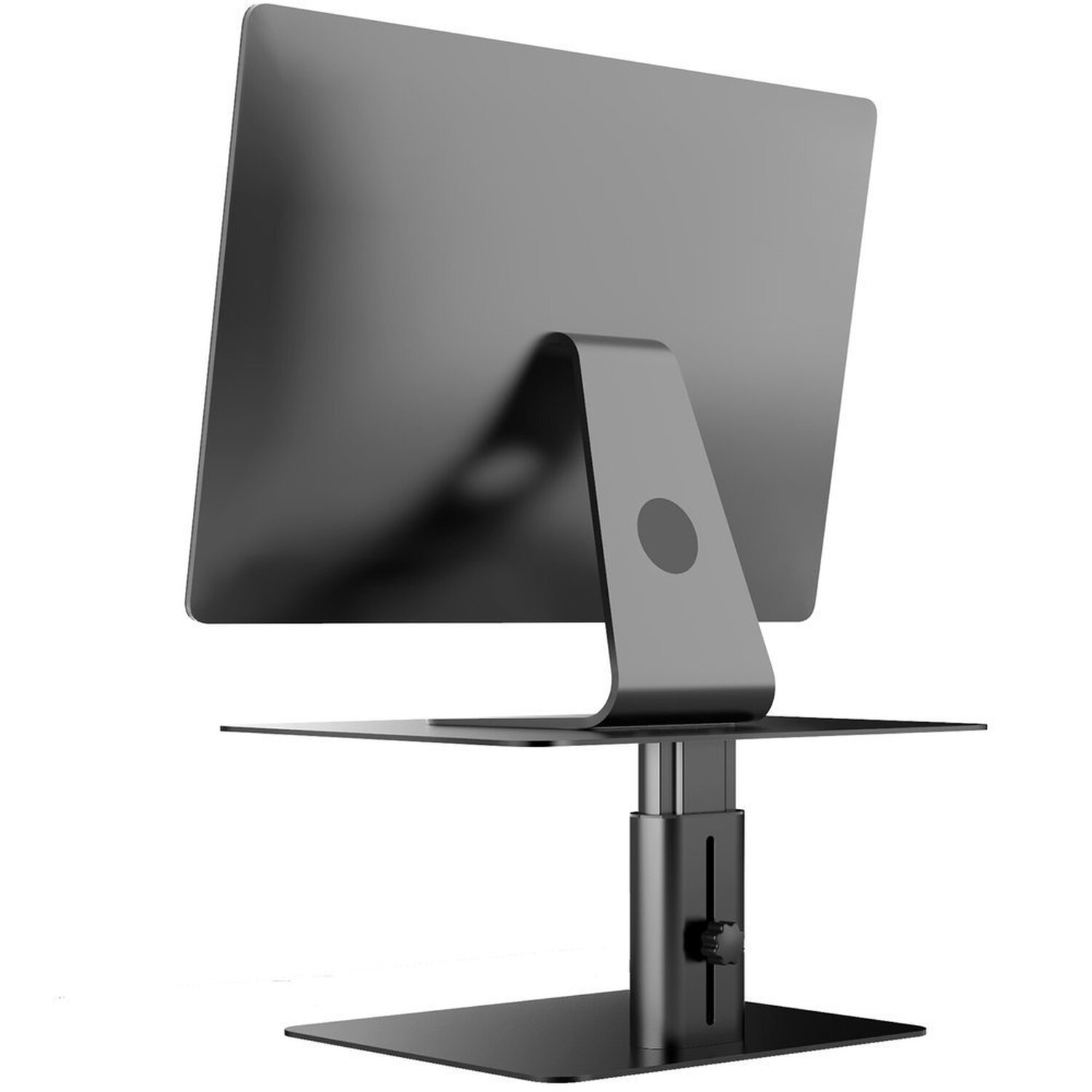 Rückansicht eines schwarzen Monitors auf einem Ständer. Metallständer, höhenverstellbar.