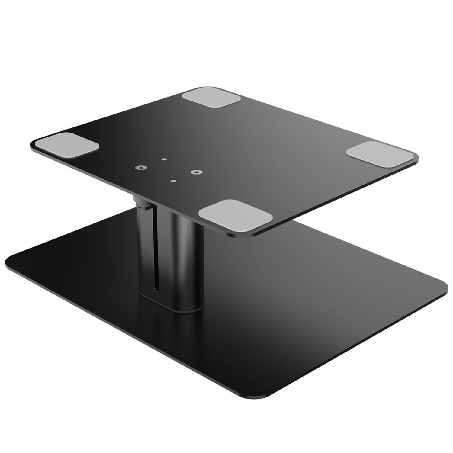Schwarzer Laptop-Ständer mit zwei rechteckigen Plattformen. Eine Plattform liegt über der anderen.