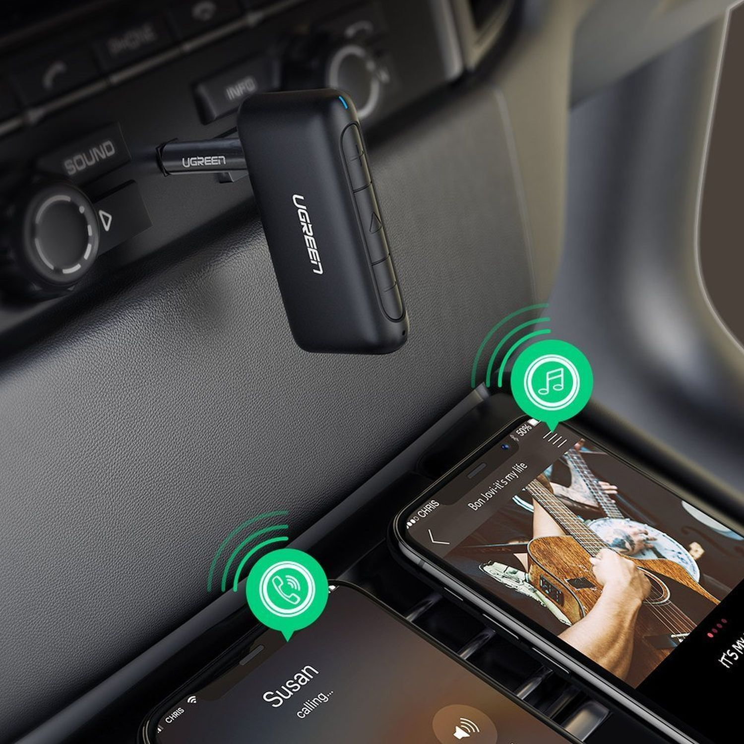 Black UGREEN Bluetooth receiver in a car. Two phones with music and calling icons.