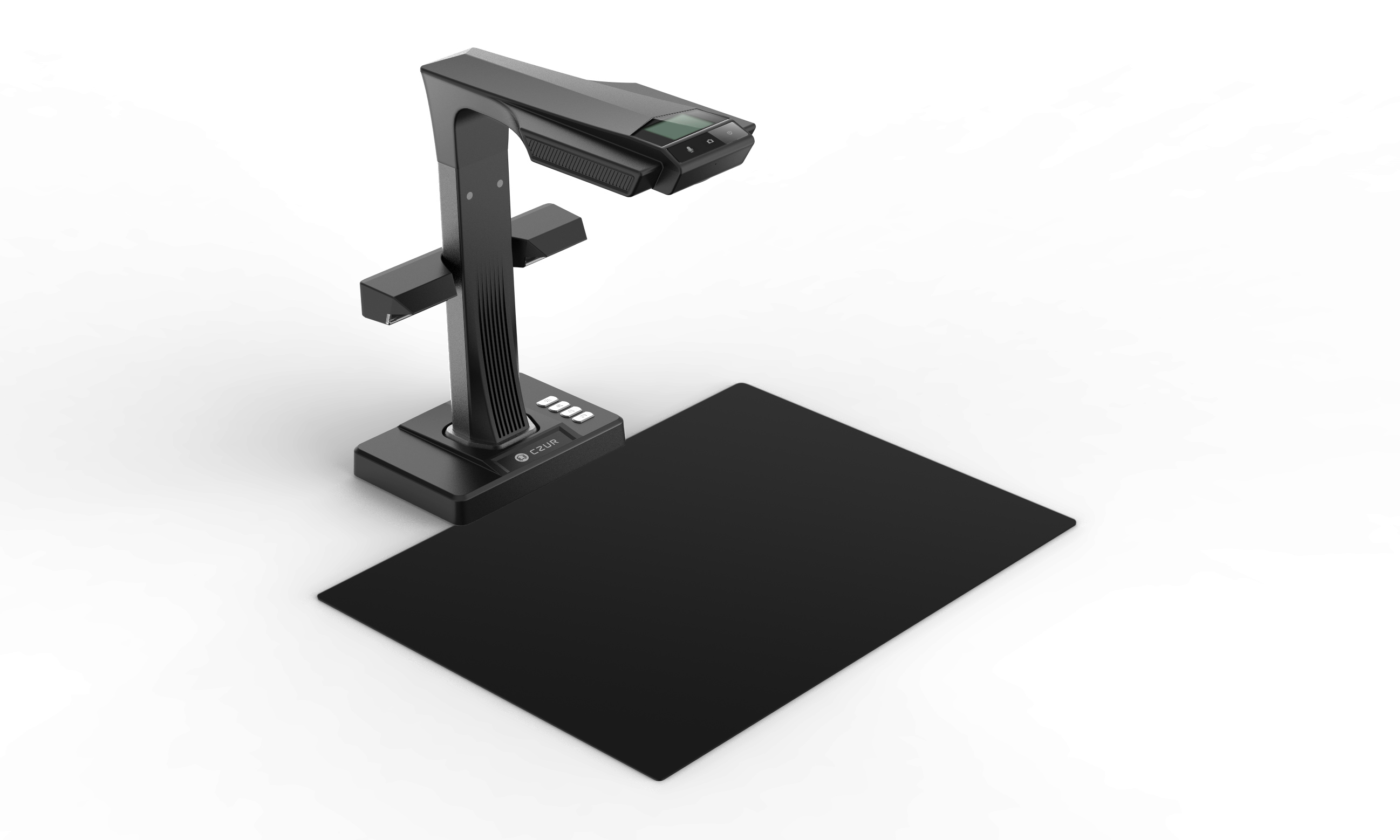 Schwarzer Dokumentenscanner mit schwarzem Sockel und schwarzer Matte auf weißem Hintergrund.