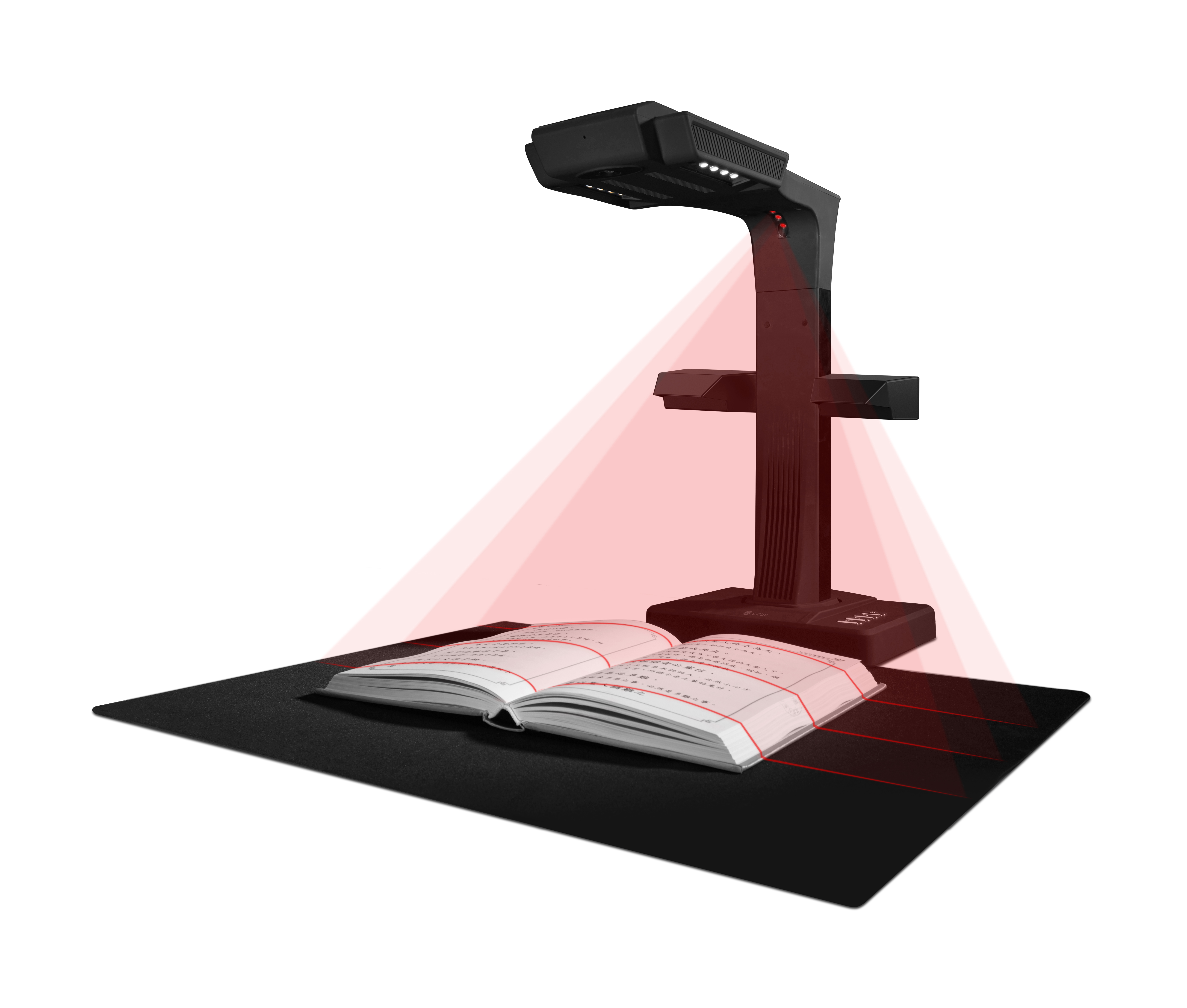 Schwarzer Dokumentenscanner mit offenem Buch darunter. Rote Scanlichtstrahlen.