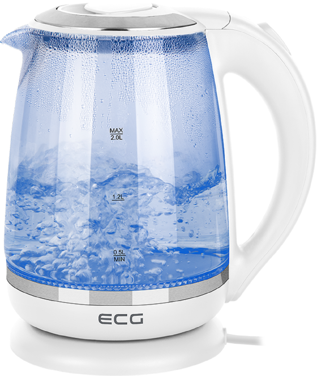 Weißer Wasserkocher mit klarem Glaskörper, der kochendes blaues Wasser mit Messmarkierungen zeigt.