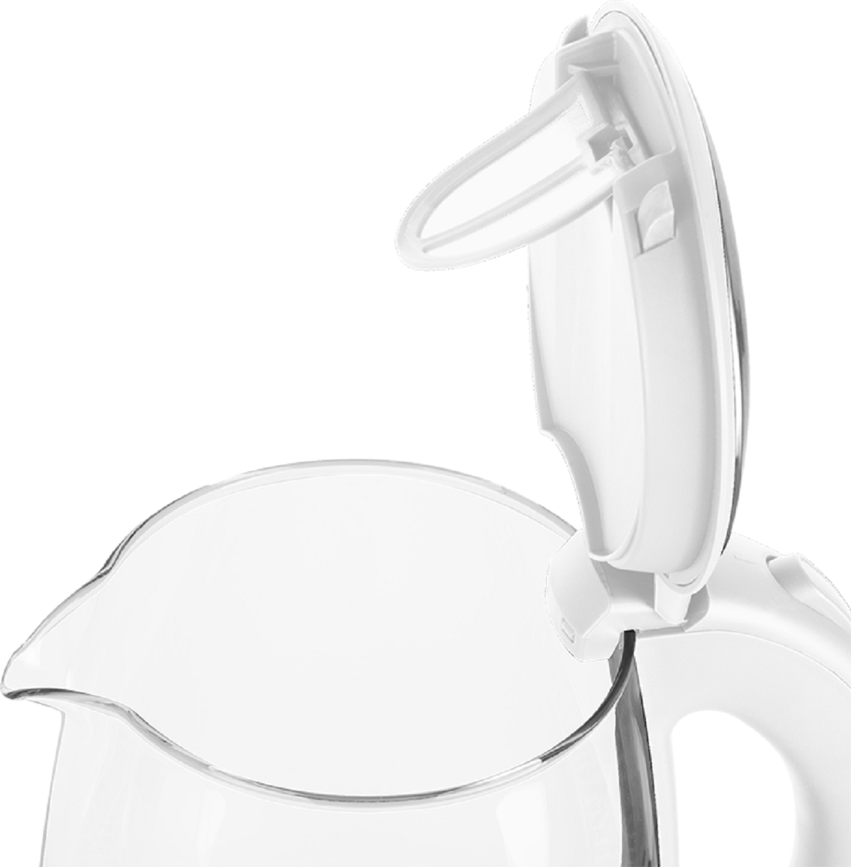 Ein weißer Wasserkocher mit transparentem Wasserbehälter und geöffnetem Deckel.