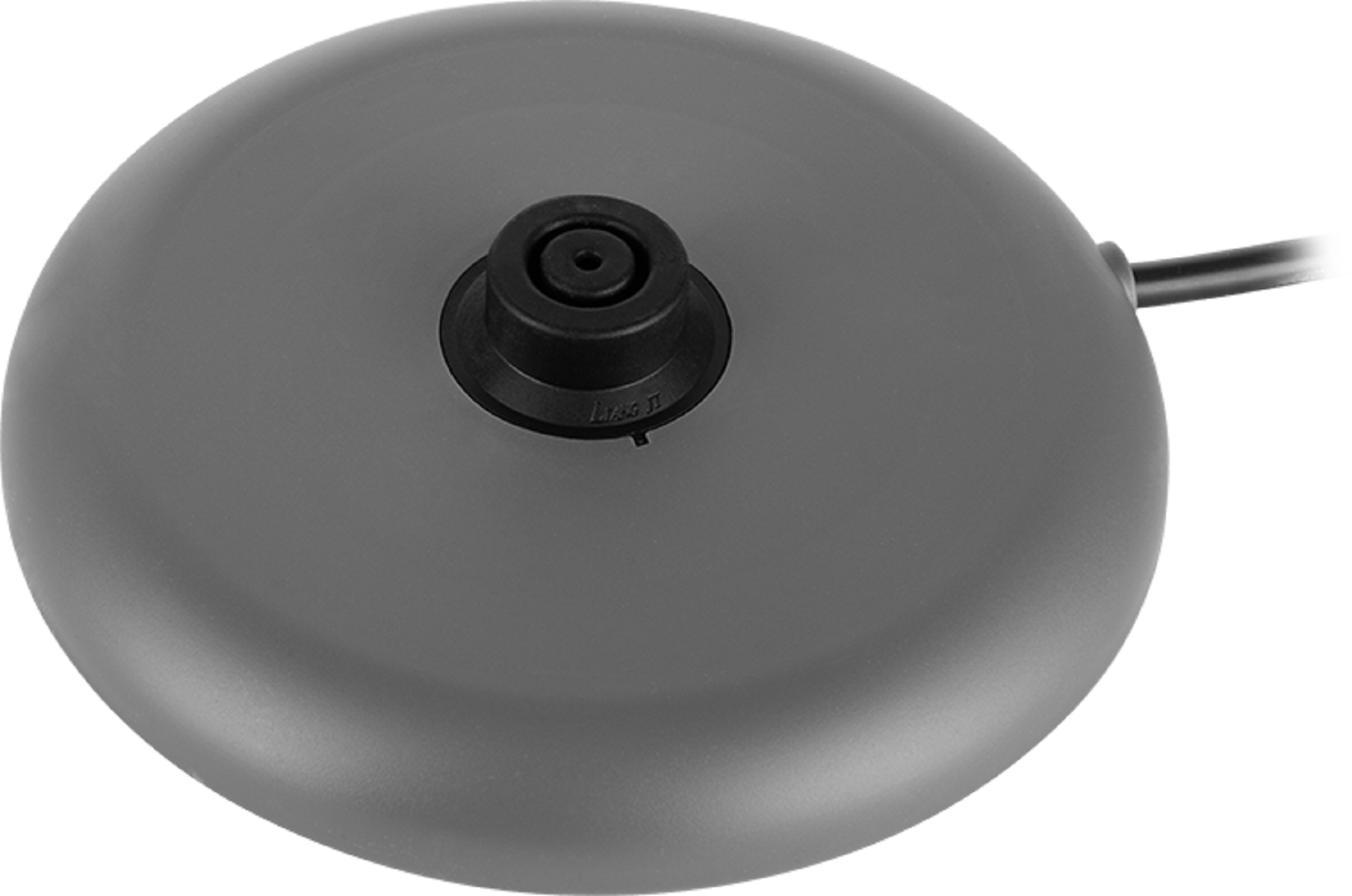 Szara podstawa czajnika elektrycznego z czarnym centralnym złączem i przewodem zasilającym.