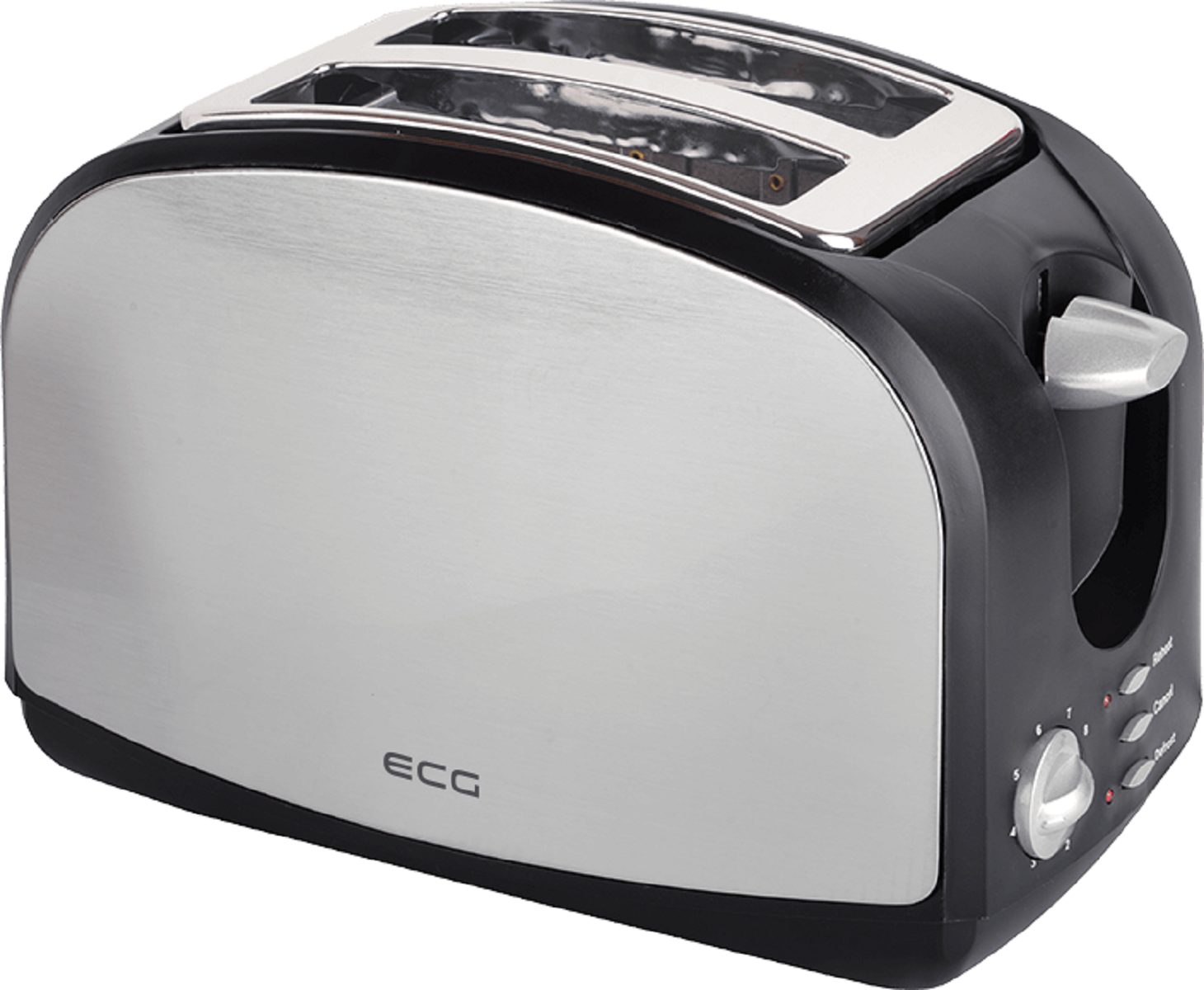 Silber-schwarzer Toaster. Er hat zwei Schlitze und Bedienräder.
