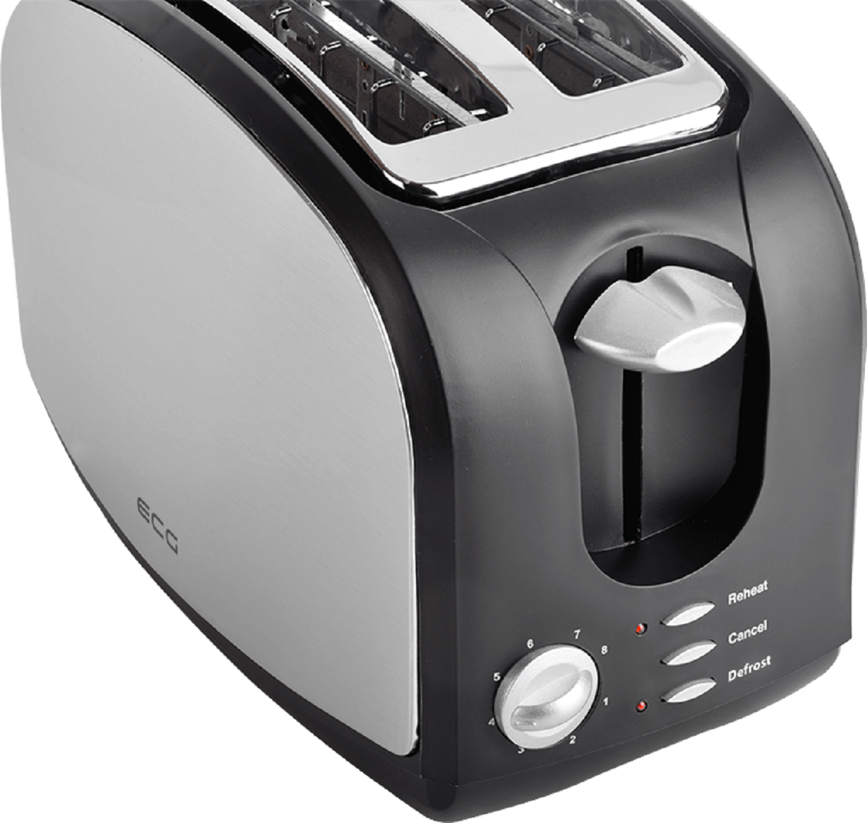 Ein schwarz-silberner Toaster mit einem Drehregler zum Bräunen und Tasten für Aufwärmen, Abbrechen und Auftauen.