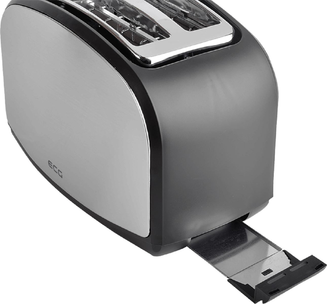 Ein Zwei-Scheiben-Toaster mit Edelstahl- und grauem Äußeren, mit geöffneter Krümelschublade.