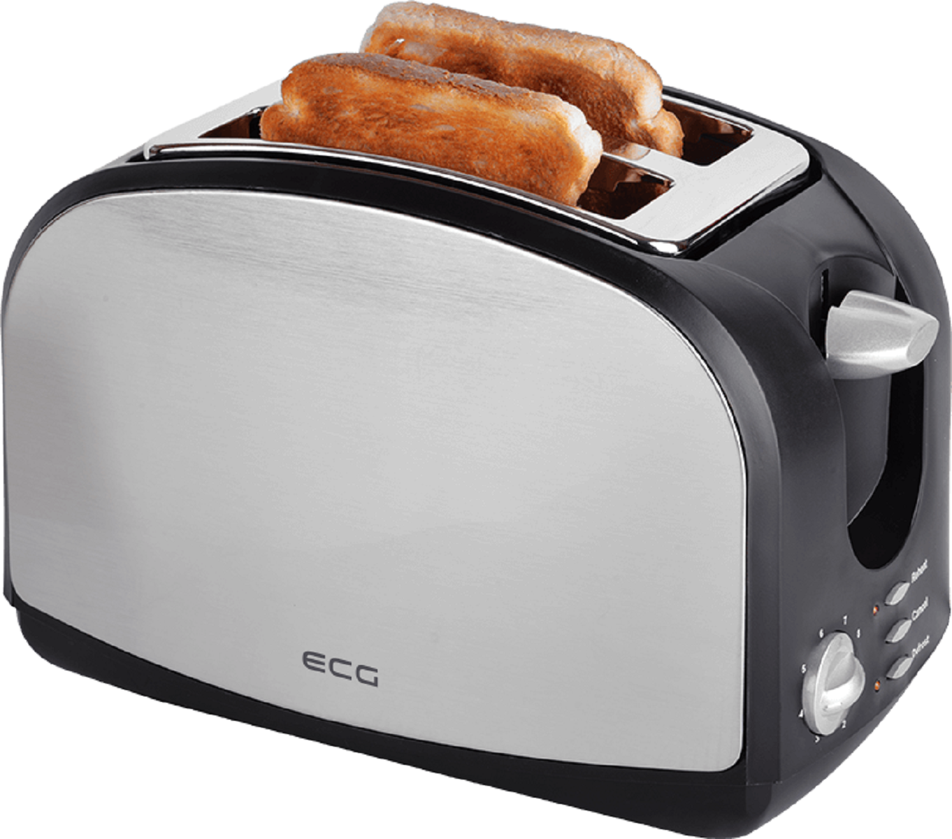 Ein schwarzer und silberner Toaster mit zwei Toastscheiben.