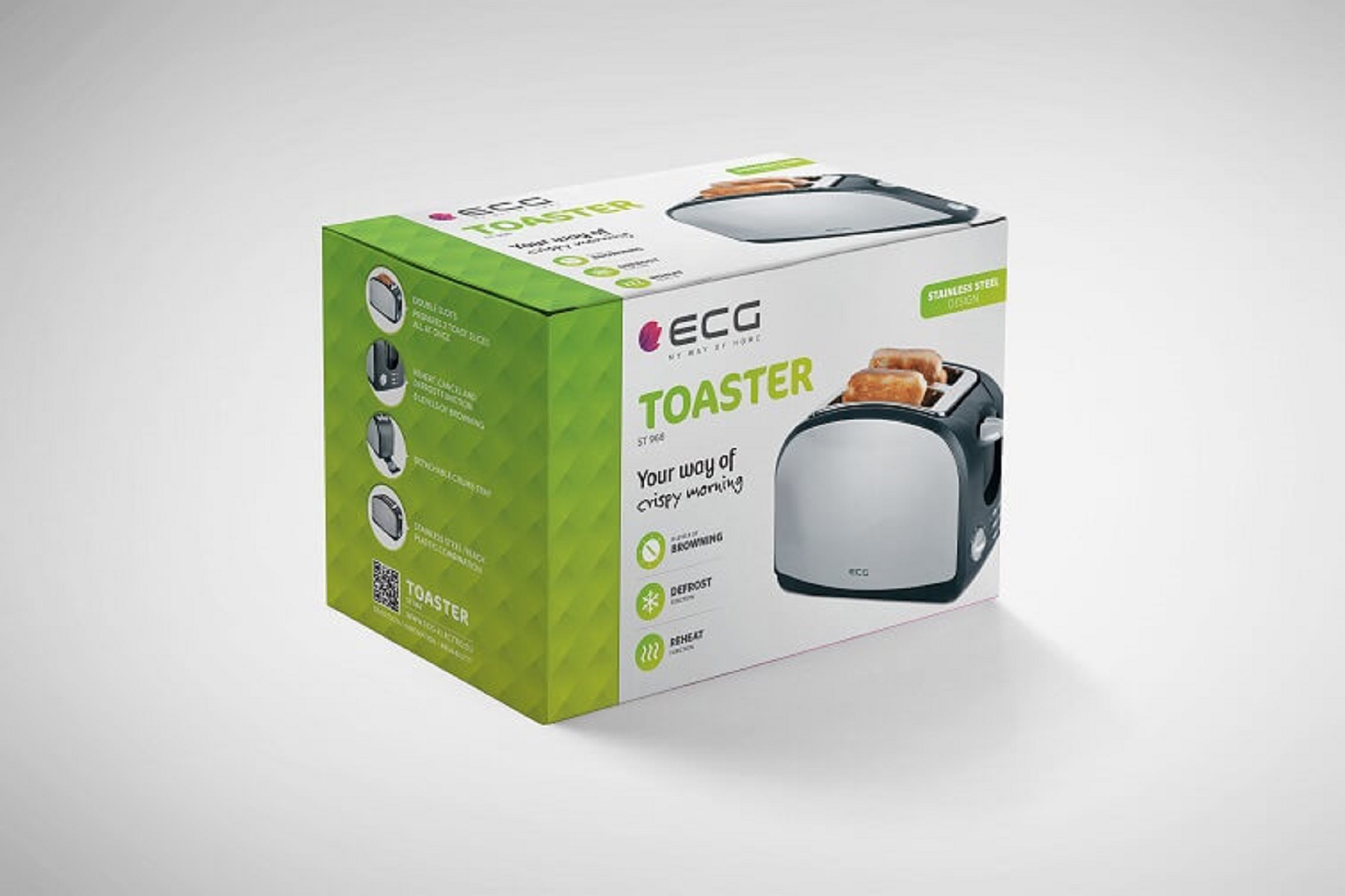 Toaster-Box mit grünem und weißem Design, die einen Toaster zeigt.