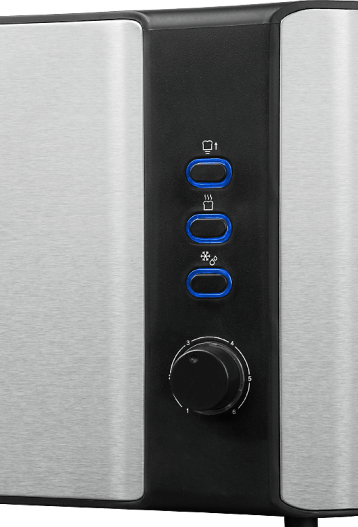 Panel sterowania tostera z pokrętłem i przyciskami do rozmrażania, podgrzewania i anulowania.