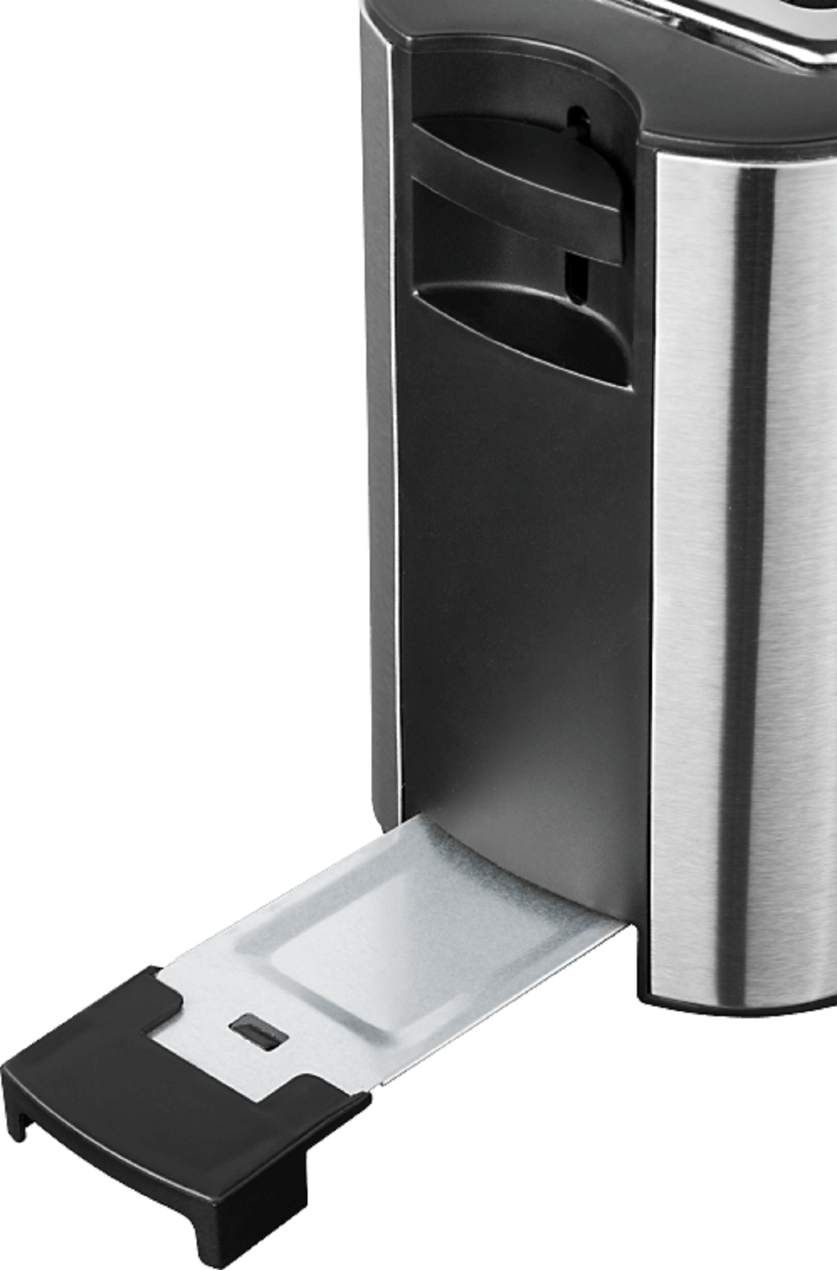 Toster ze stali nierdzewnej z otwartą szufladą na okruchy i czarnym wierzchem.